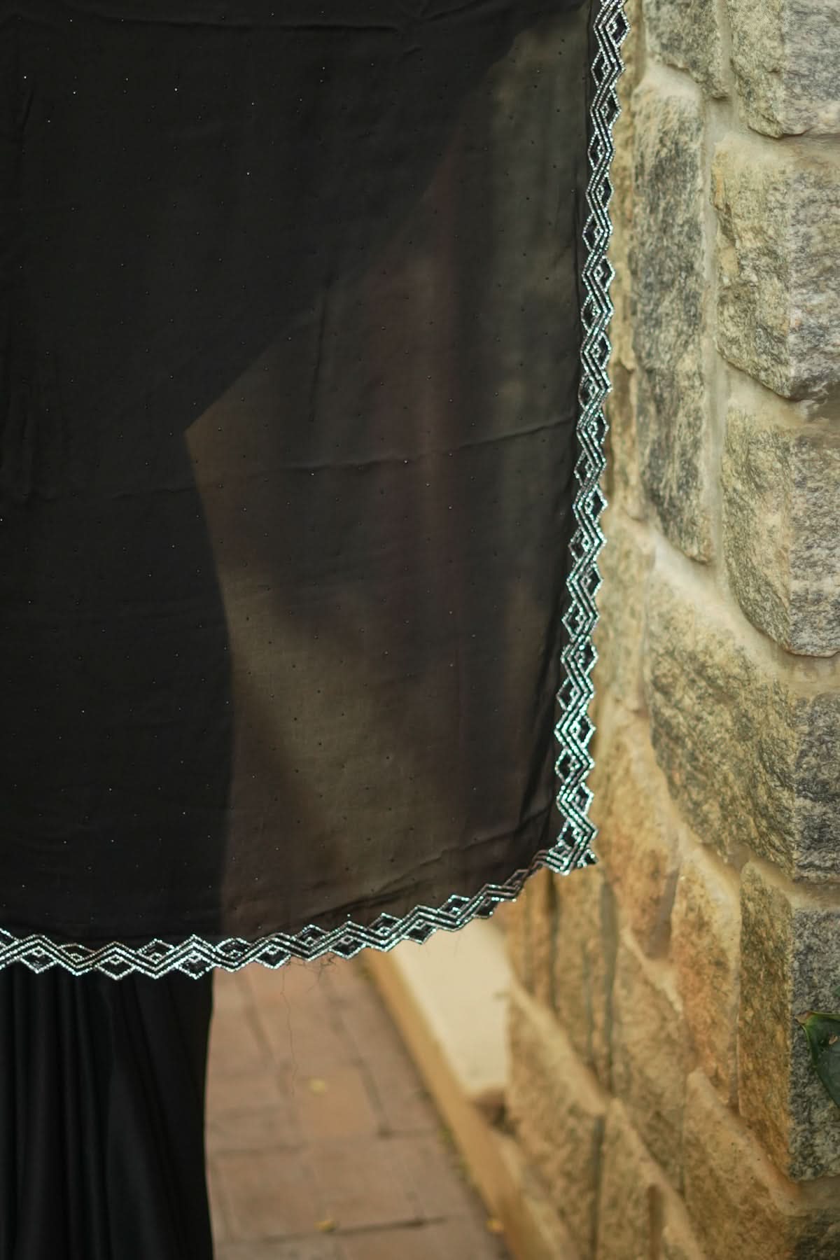 Shamoo Satin Silk saree in Black with elegant crystal work | Shobitam