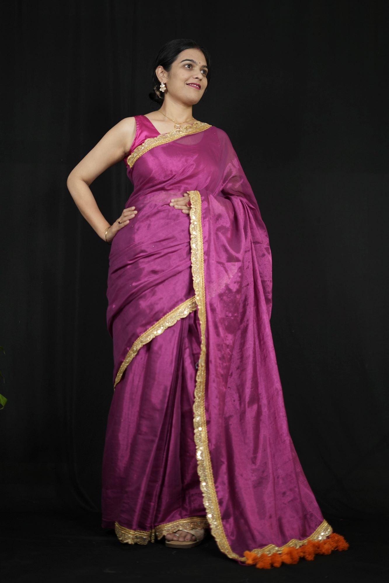 Raga Tissue Linen with Embroidered Border & contrast tassel On pallu Wrap in 1 Minute saree