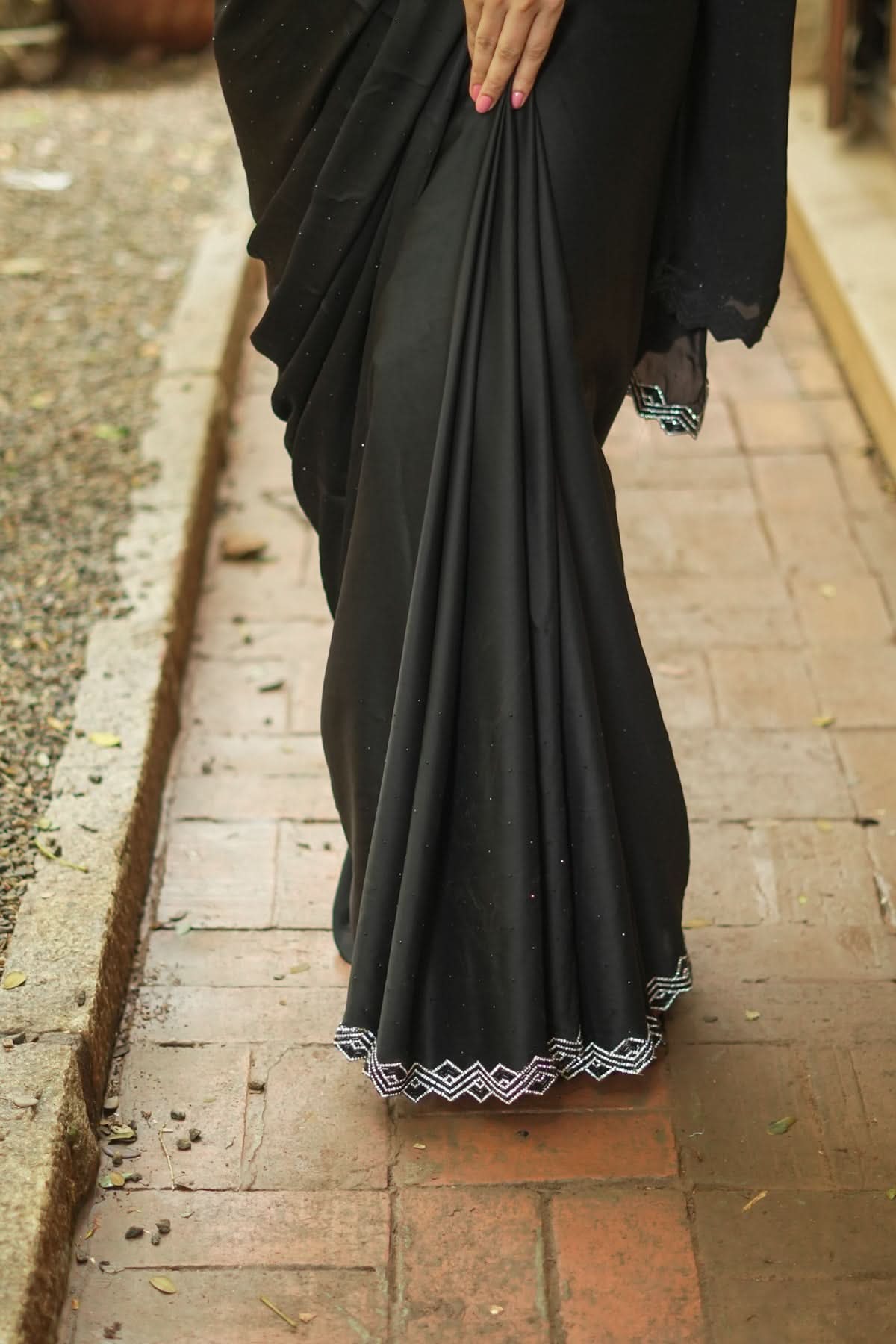 Shamoo Satin Silk saree in Black with elegant crystal work | Shobitam