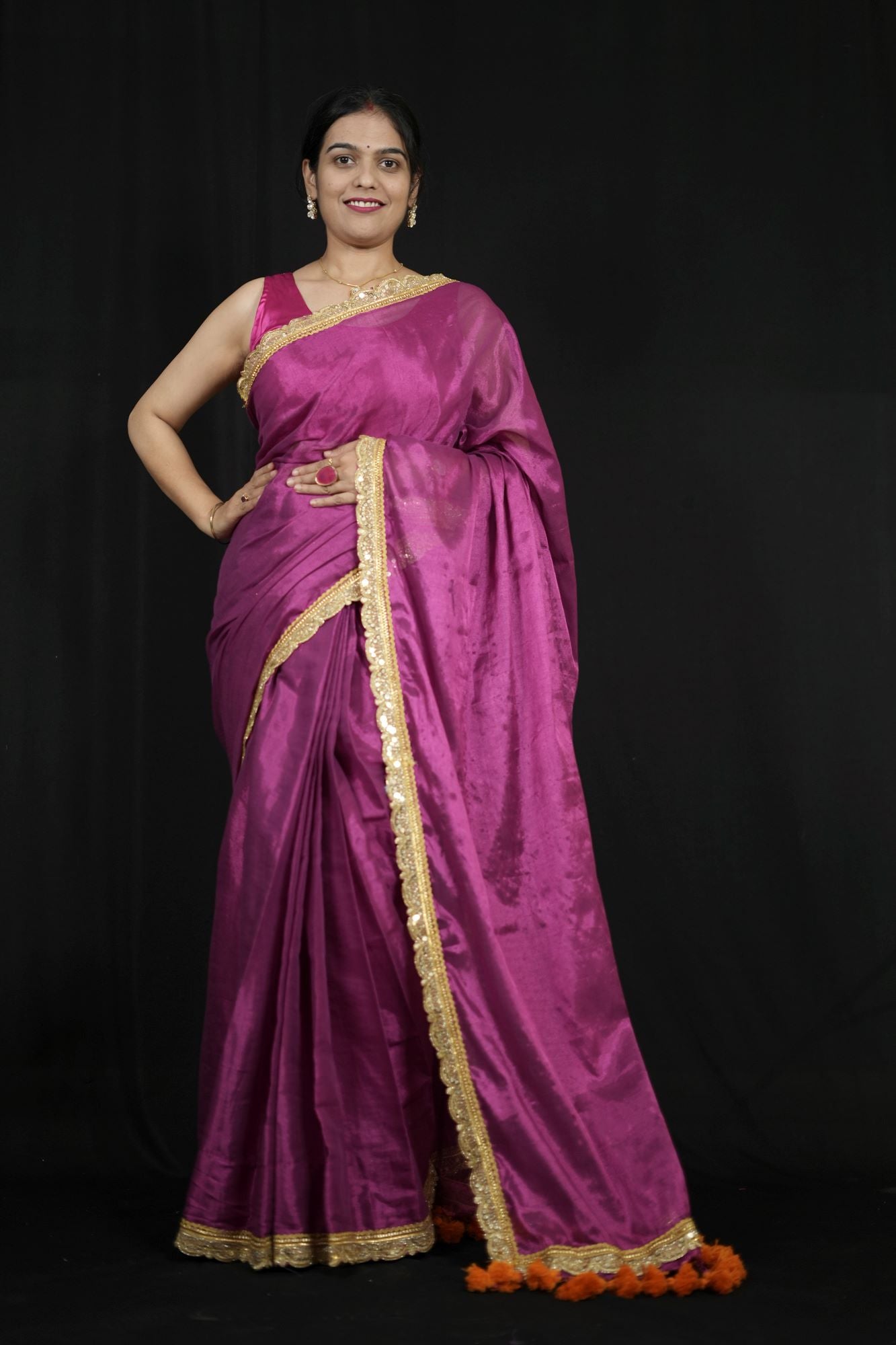 Raga Tissue Linen with Embroidered Border & contrast tassel On pallu Wrap in 1 Minute saree