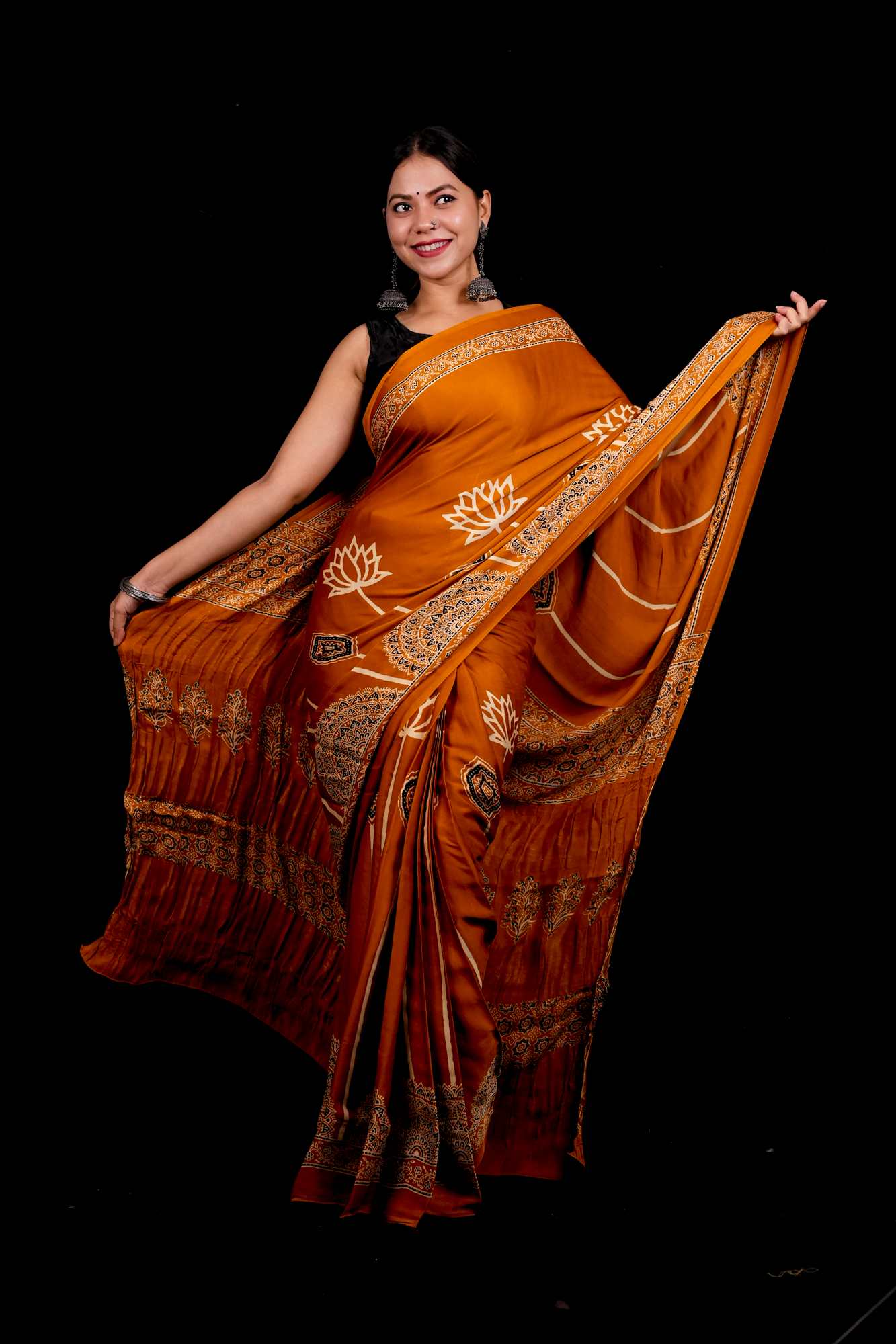 Designer Pure Modal Silk Hand Block Ajrakh Printed Saree in Yellow with Golden Zari Border & Blouse Piece Wrap in one minute saree