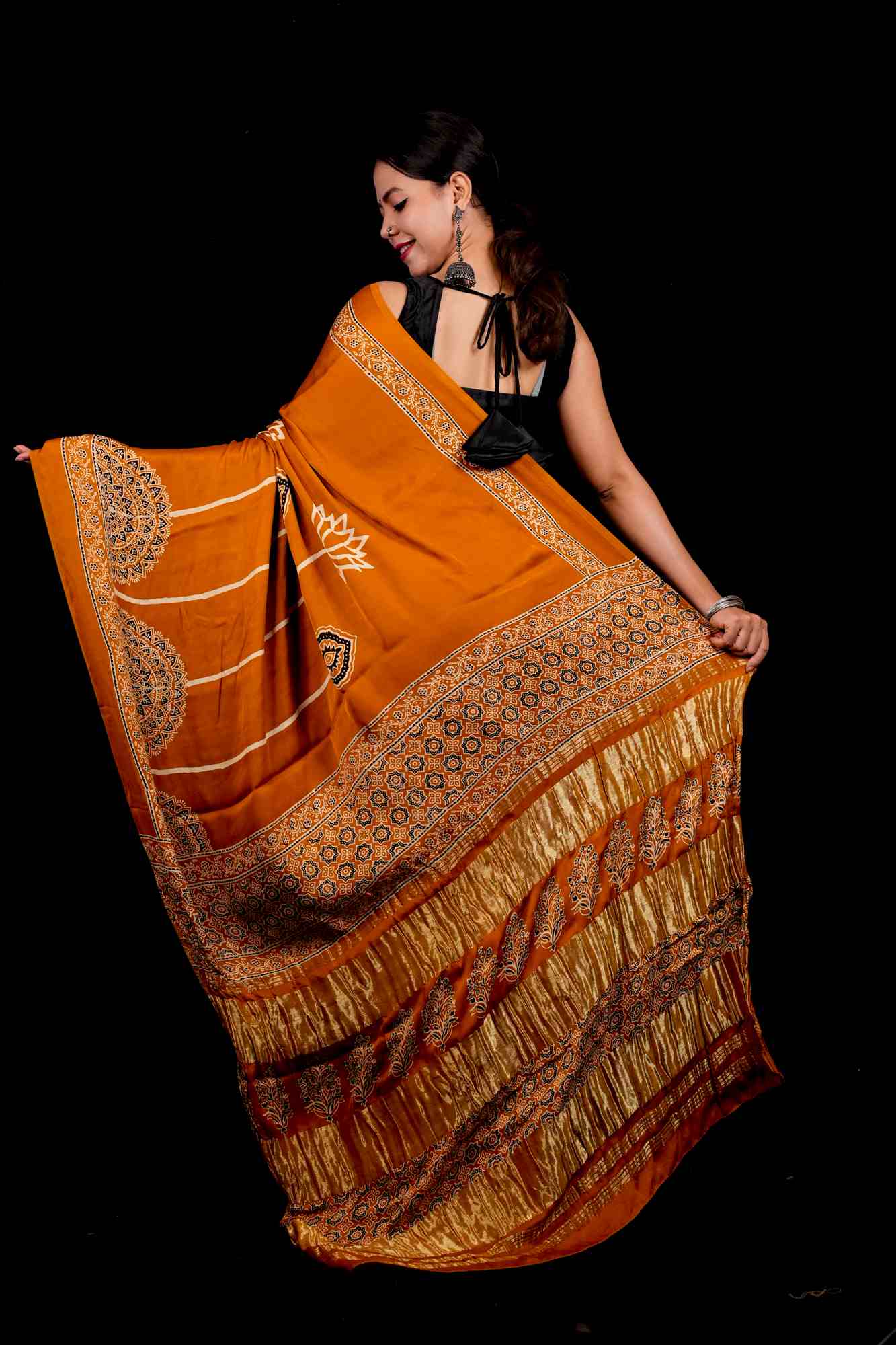 Designer Pure Modal Silk Hand Block Ajrakh Printed Saree in Yellow with Golden Zari Border & Blouse Piece Wrap in one minute saree