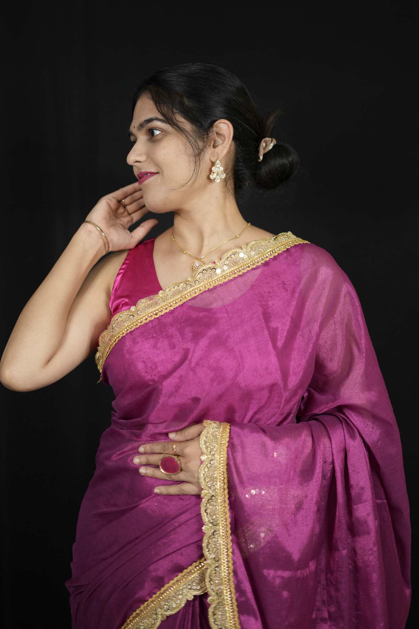 Raga Tissue Linen with Embroidered Border & contrast tassel On pallu Wrap in 1 Minute saree