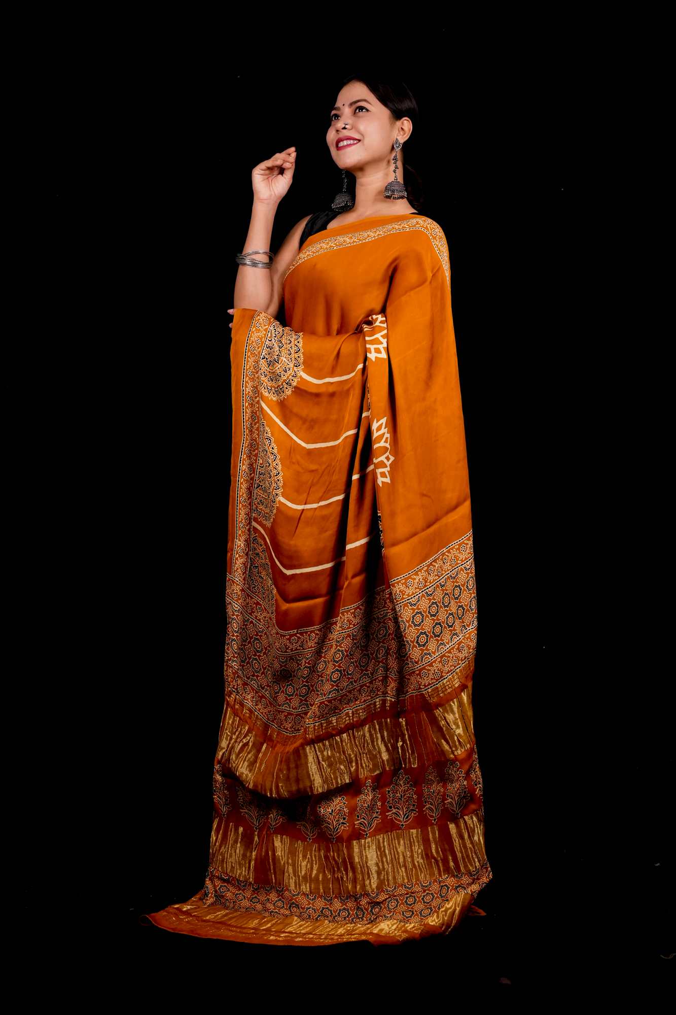 Designer Pure Modal Silk Hand Block Ajrakh Printed Saree in Yellow with Golden Zari Border & Blouse Piece Wrap in one minute saree