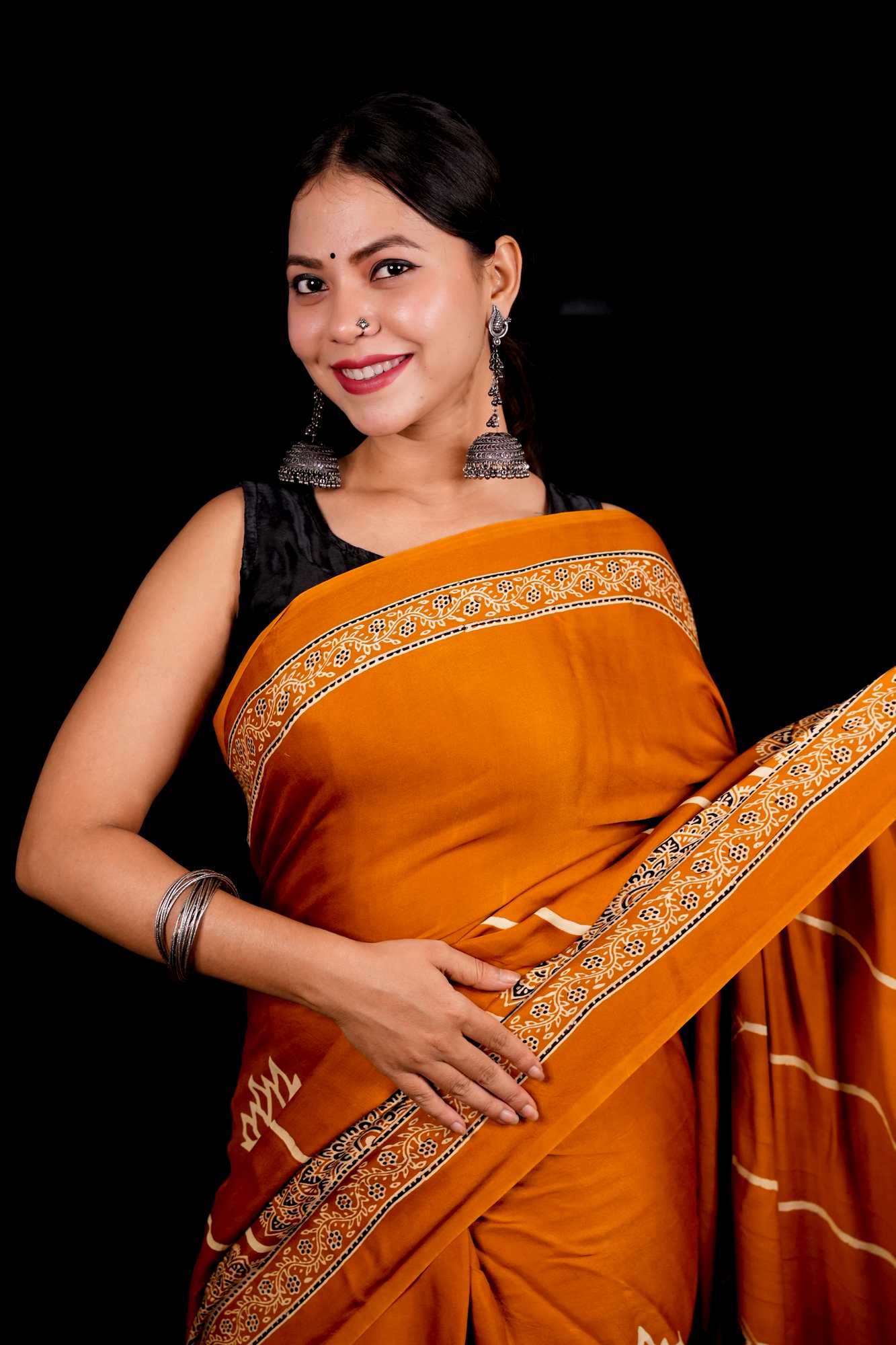 Designer Pure Modal Silk Hand Block Ajrakh Printed Saree in Yellow with Golden Zari Border & Blouse Piece Wrap in one minute saree