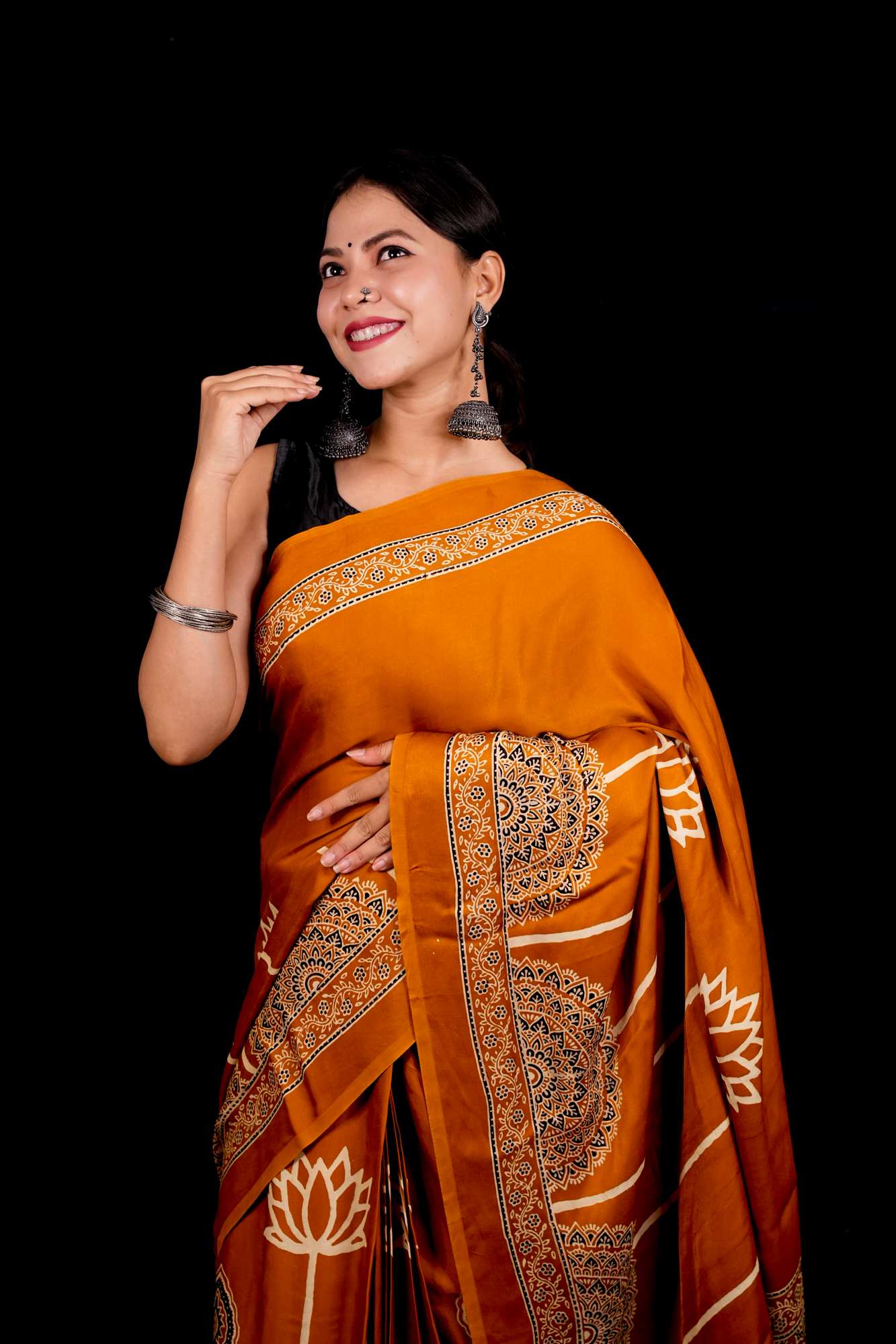 Designer Pure Modal Silk Hand Block Ajrakh Printed Saree in Yellow with Golden Zari Border & Blouse Piece Wrap in one minute saree