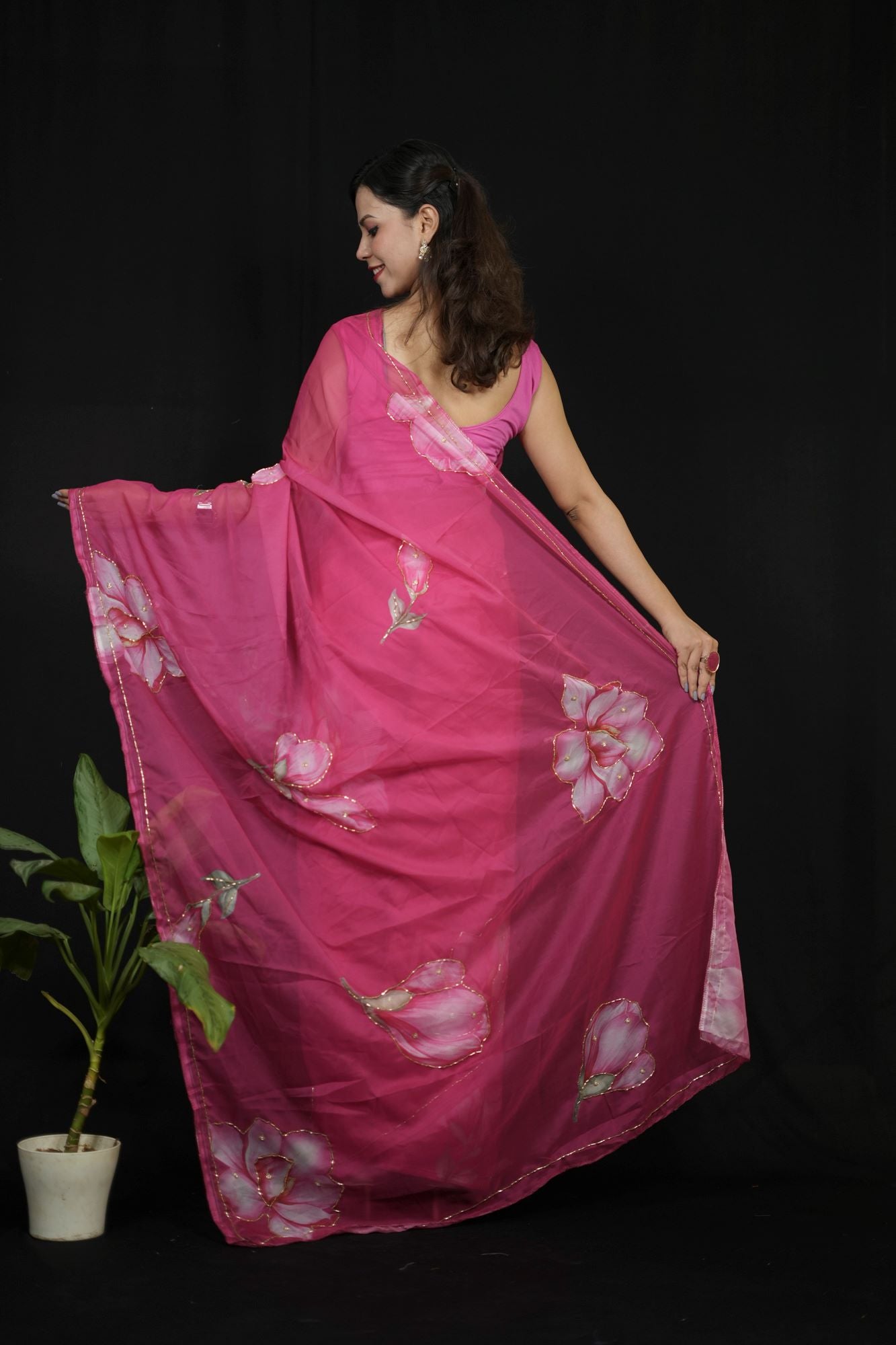 Soft Tebi Georgette Silk with Cutdana handwork floral ready to wear summer saree