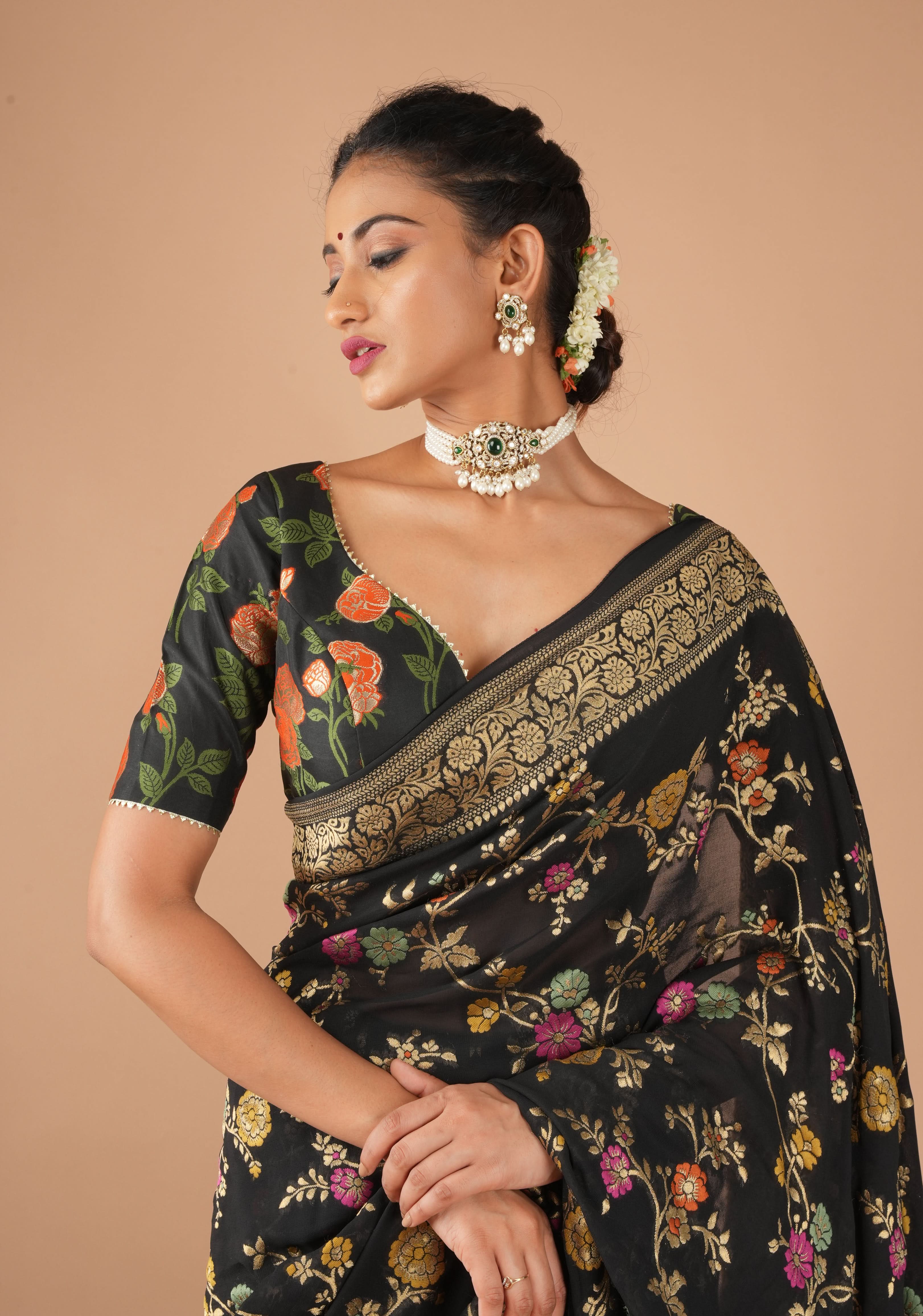 Black Banarasi Meenakari Plunge Neck Blouse with Gotta Detailing, customizable, made-to-order | Shobitam