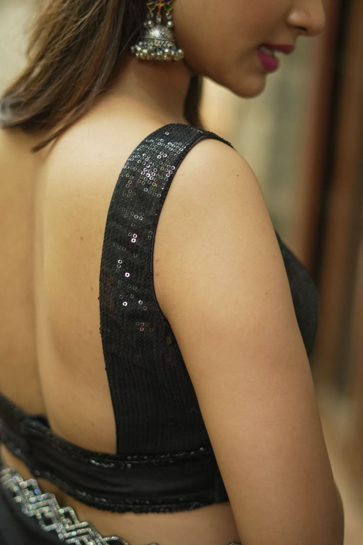 Sequin Blouse in Black with Deep Back Neck | Shobitam