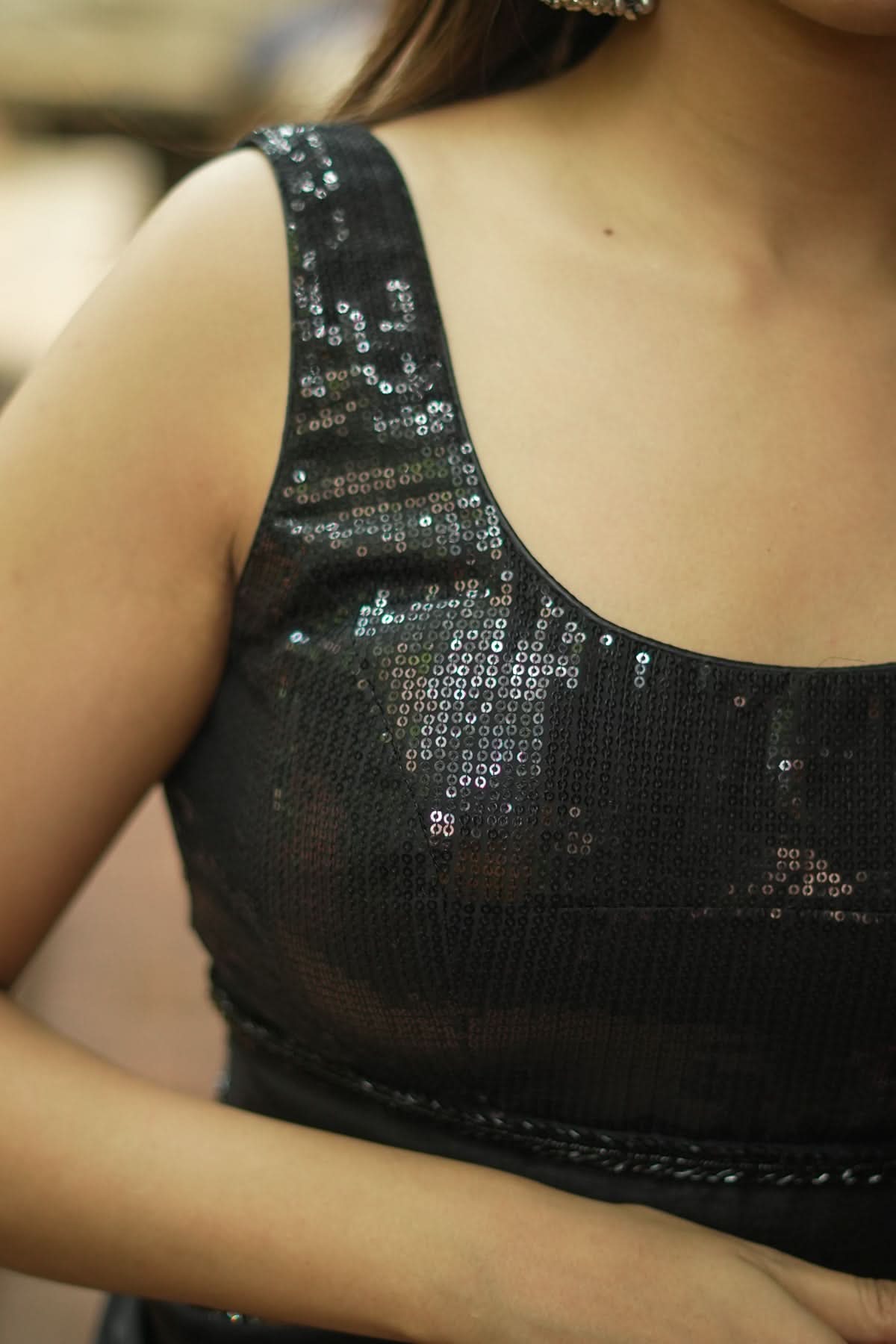 Sequin Blouse in Black with Deep Back Neck | Shobitam
