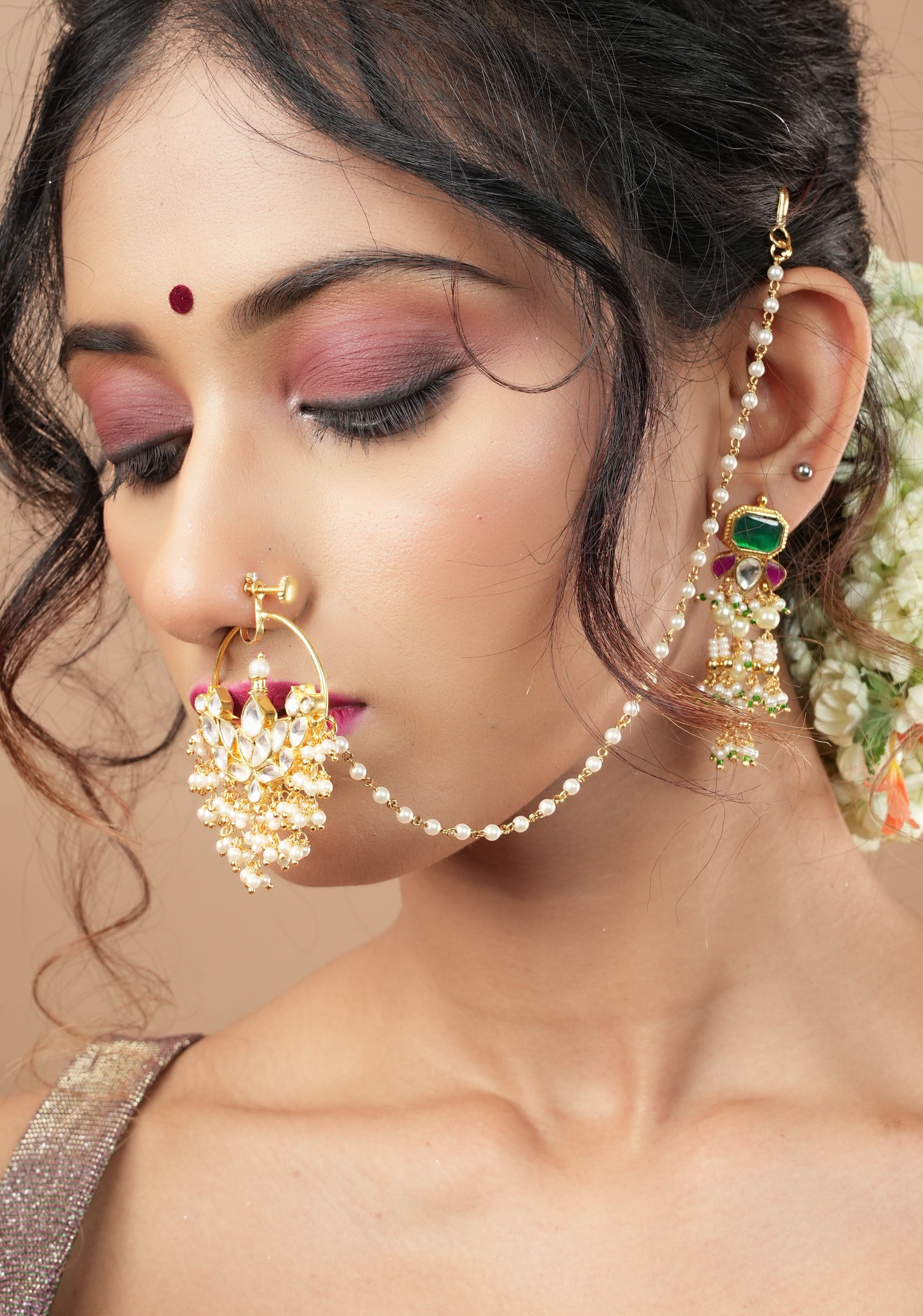 Celestial Kundan nath with non piece clasp, chain and hook | Shobitam