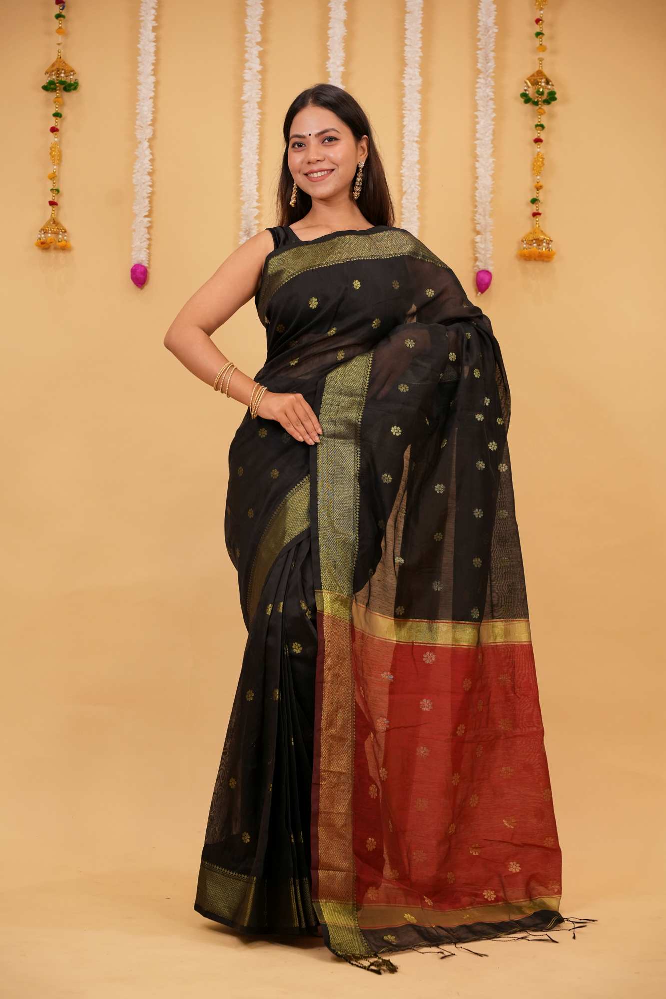 Black Cotton Silk Maheshwari with Zari Buta & Contrast Red Pallu Ready To Wear Saree