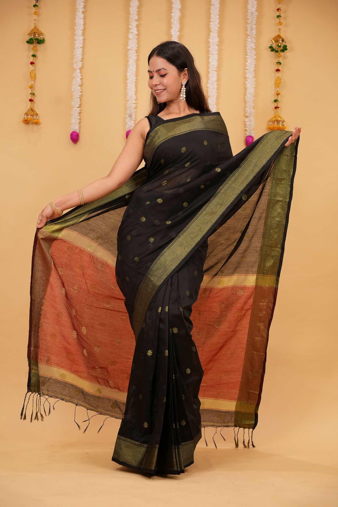 Black Cotton Silk Maheshwari with Zari Buta & Contrast Red Pallu Ready To Wear Saree