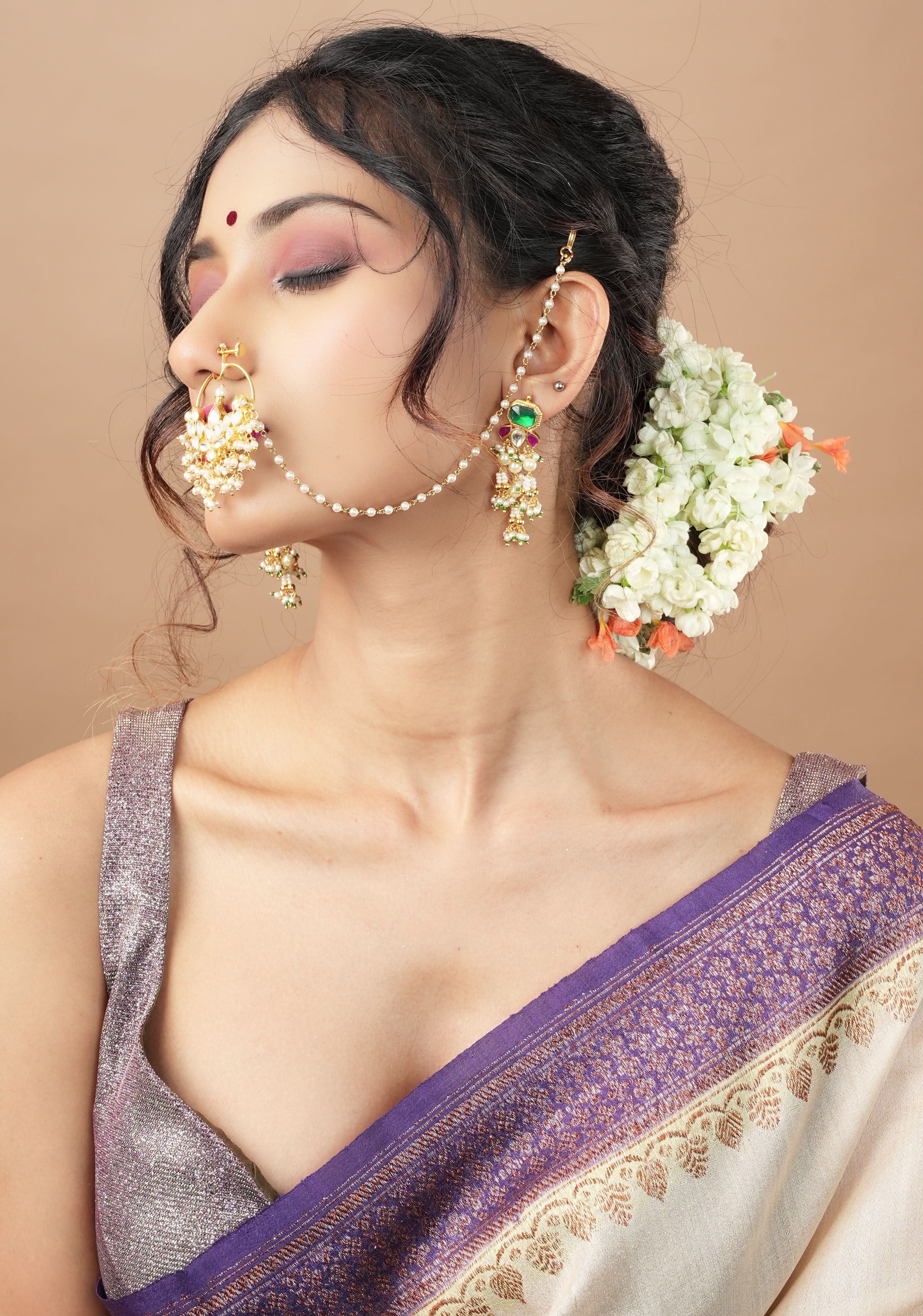 Celestial Kundan nath with non piece clasp, chain and hook | Shobitam