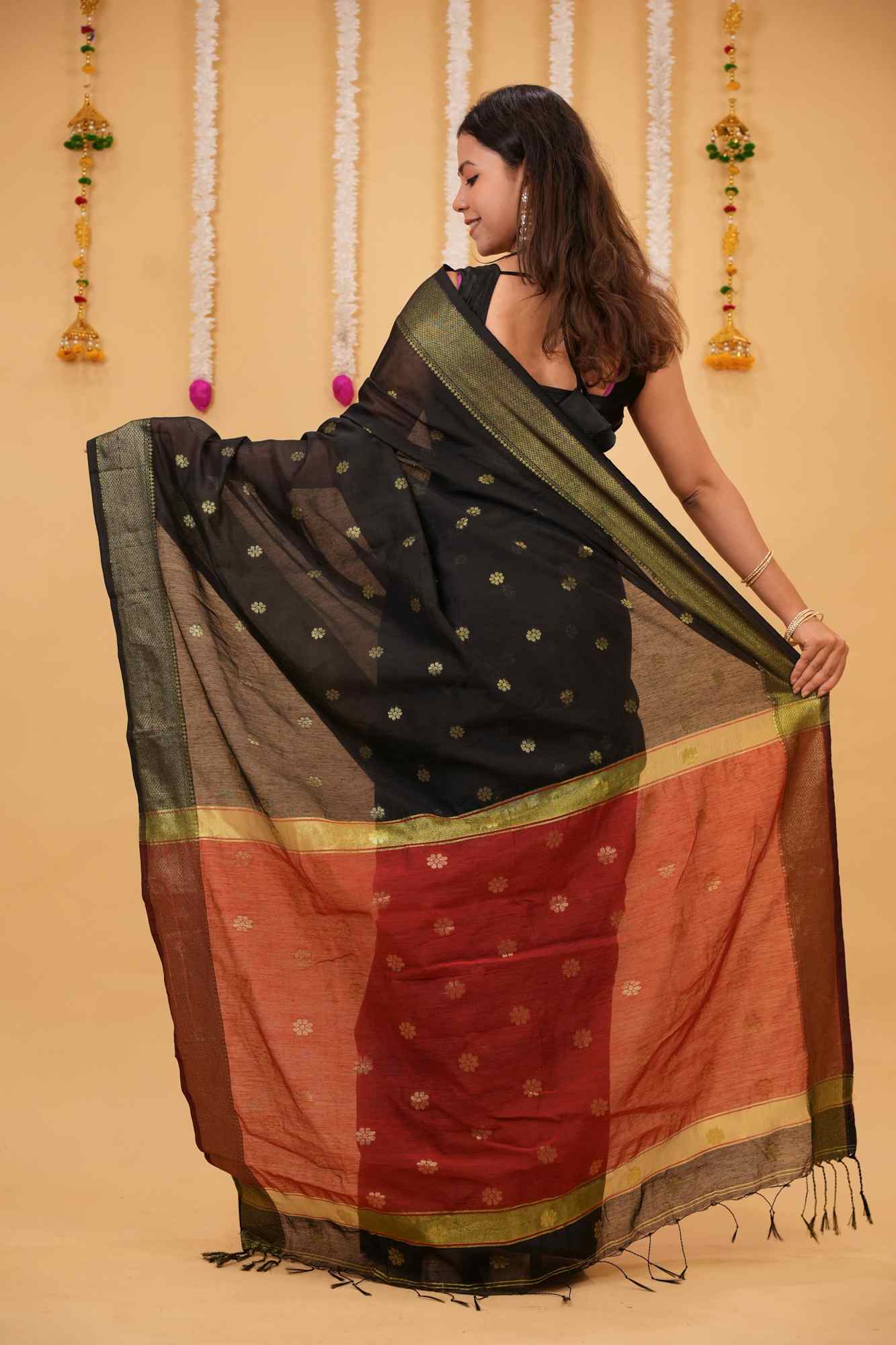 Black Cotton Silk Maheshwari with Zari Buta & Contrast Red Pallu Ready To Wear Saree