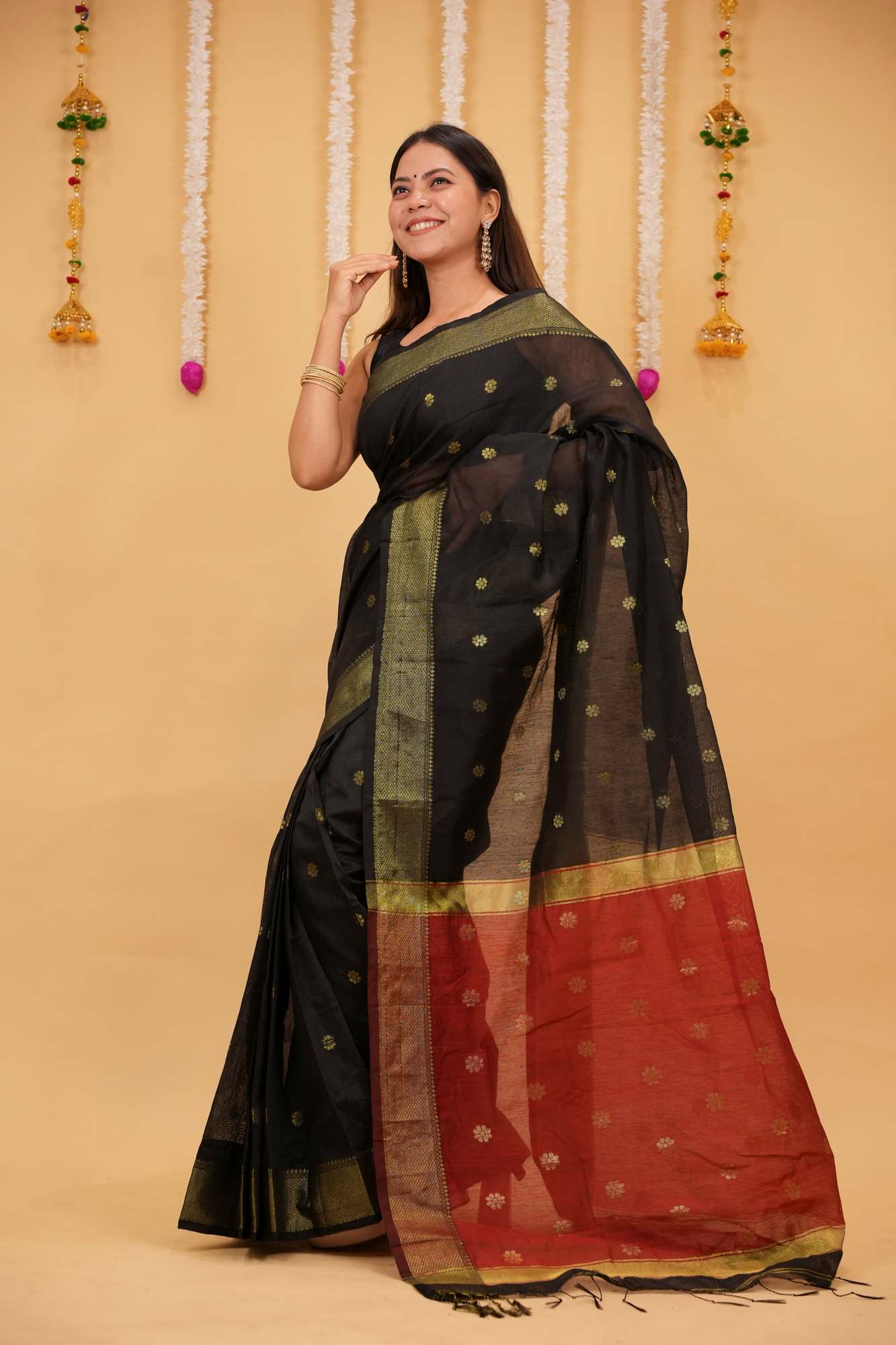 Black Cotton Silk Maheshwari with Zari Buta & Contrast Red Pallu Ready To Wear Saree
