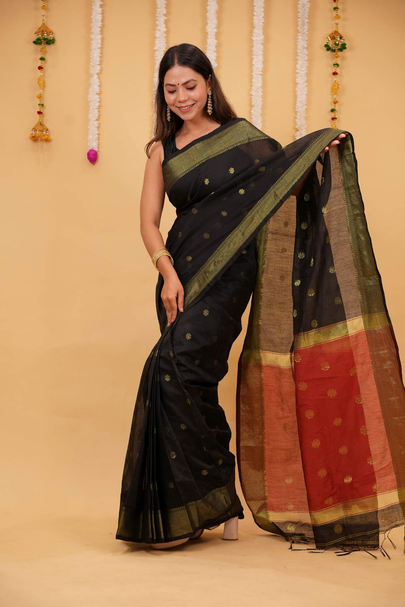 Black Cotton Silk Maheshwari with Zari Buta & Contrast Red Pallu Ready To Wear Saree