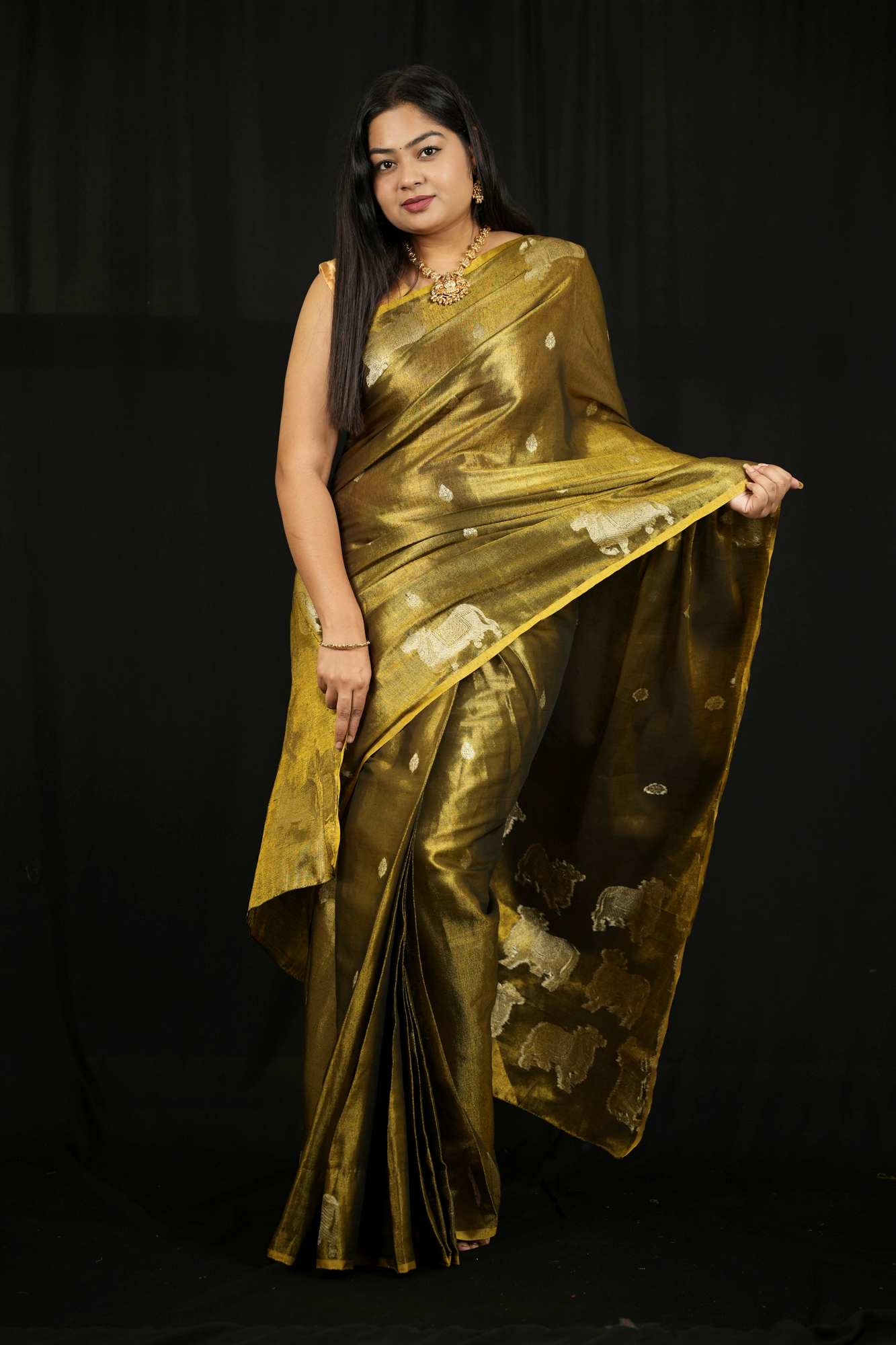 Green Zari Tissue with Intricate Nandi Motifs Ready To Wear Saree