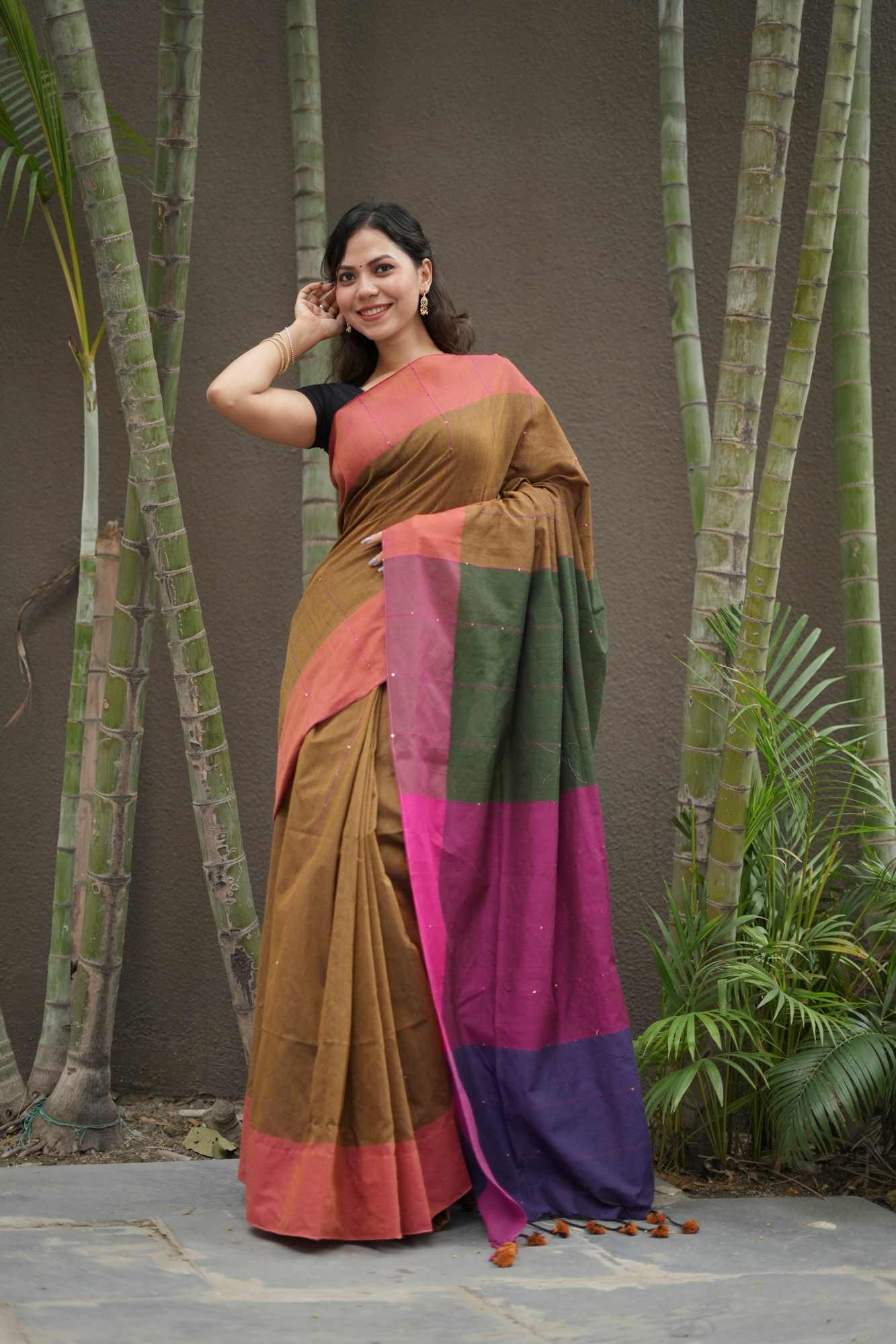 Khadi Cotton with Multicolour Pallu and Sequin Detailing Ready To Wear Saree