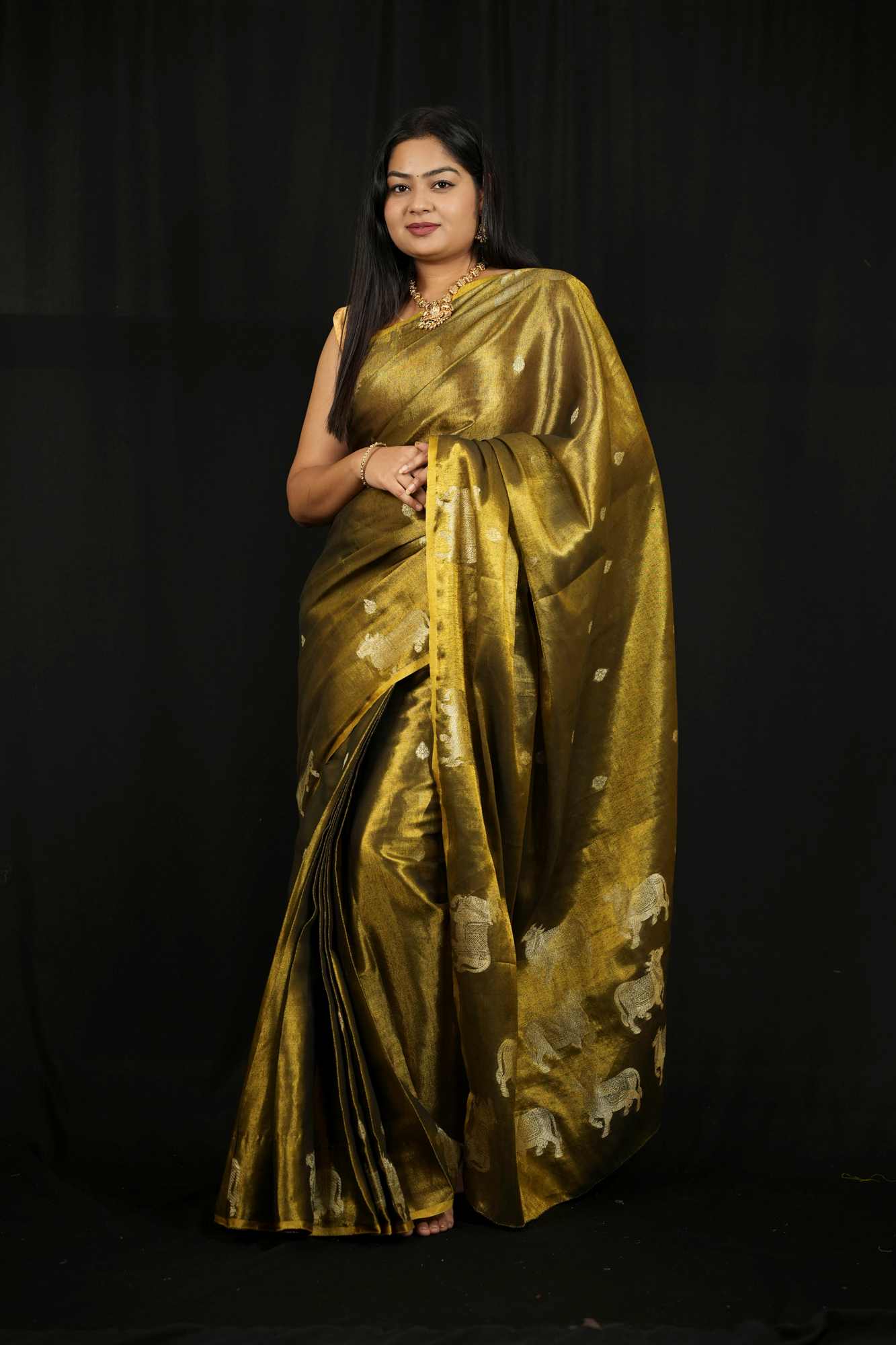 Green Zari Tissue with Intricate Nandi Motifs Ready To Wear Saree