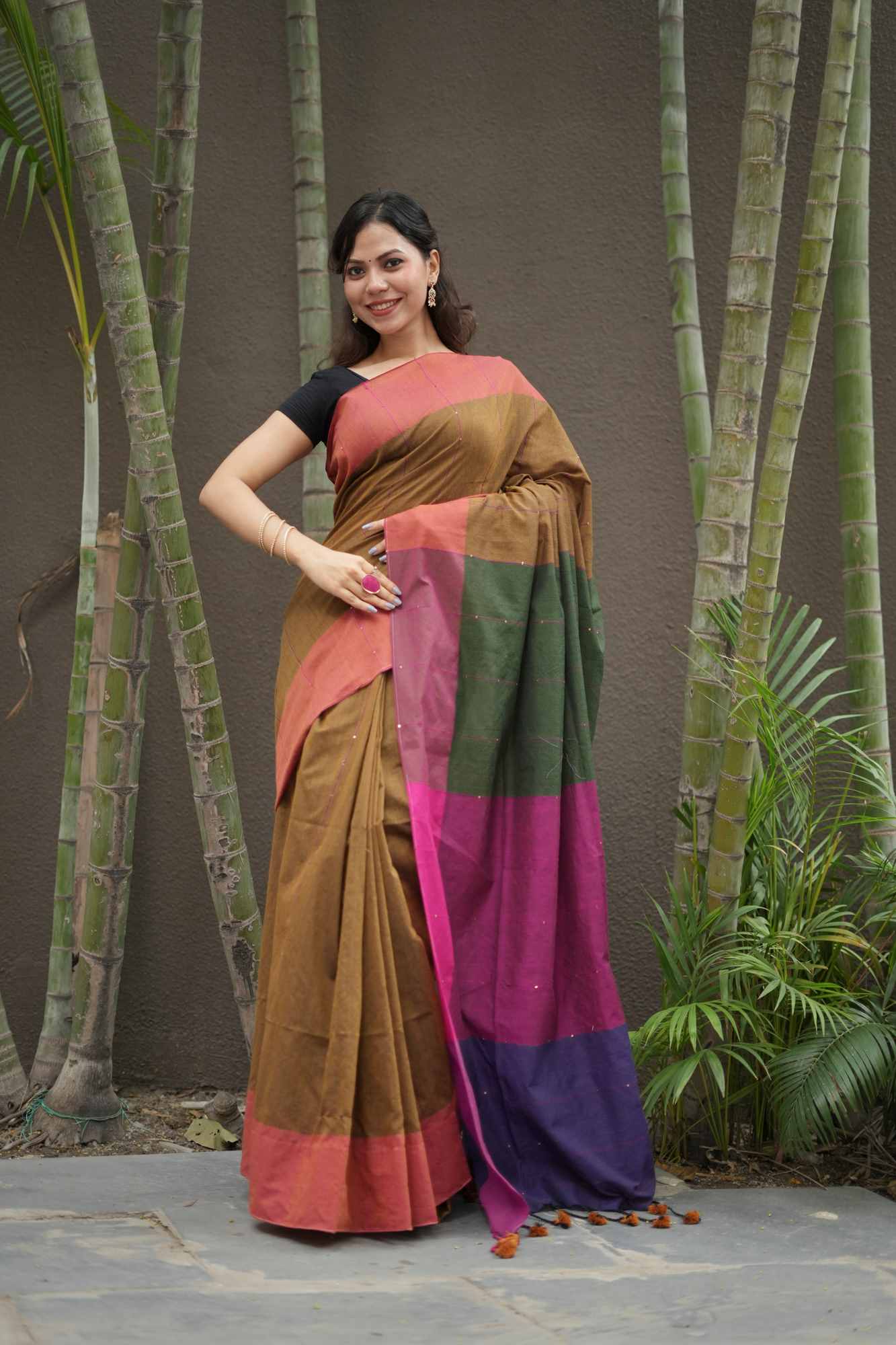 Khadi Cotton with Multicolour Pallu and Sequin Detailing Ready To Wear Saree