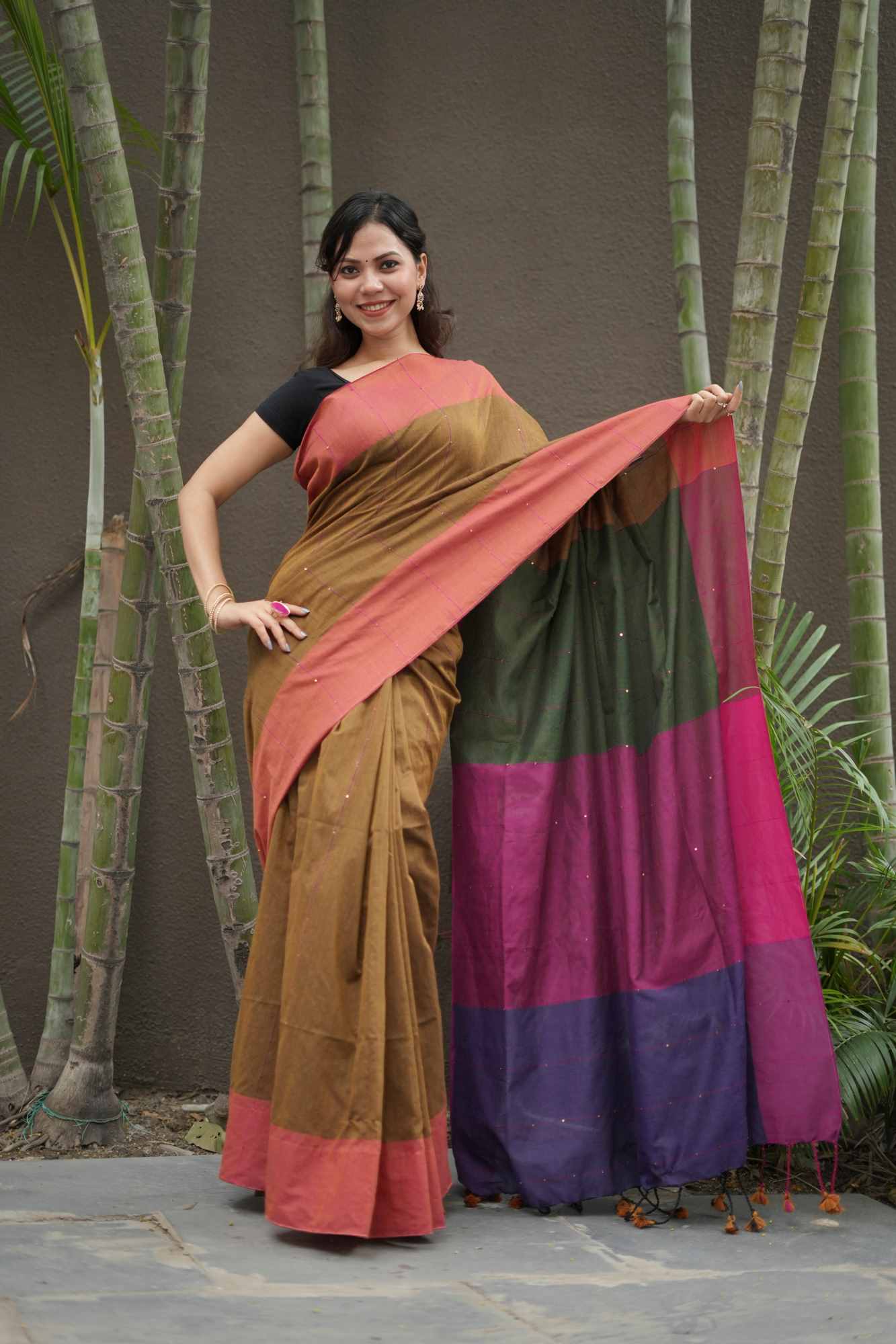 Khadi Cotton with Multicolour Pallu and Sequin Detailing Ready To Wear Saree