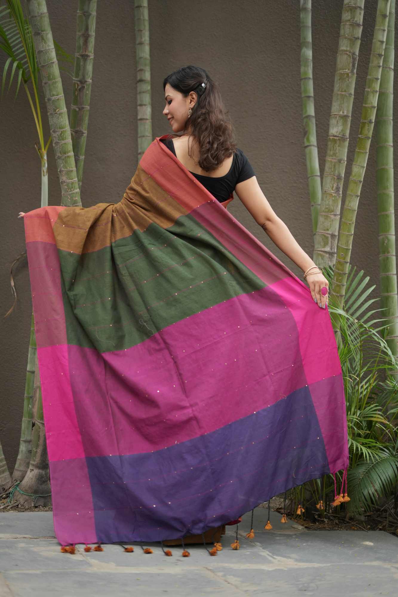 Khadi Cotton with Multicolour Pallu and Sequin Detailing Ready To Wear Saree