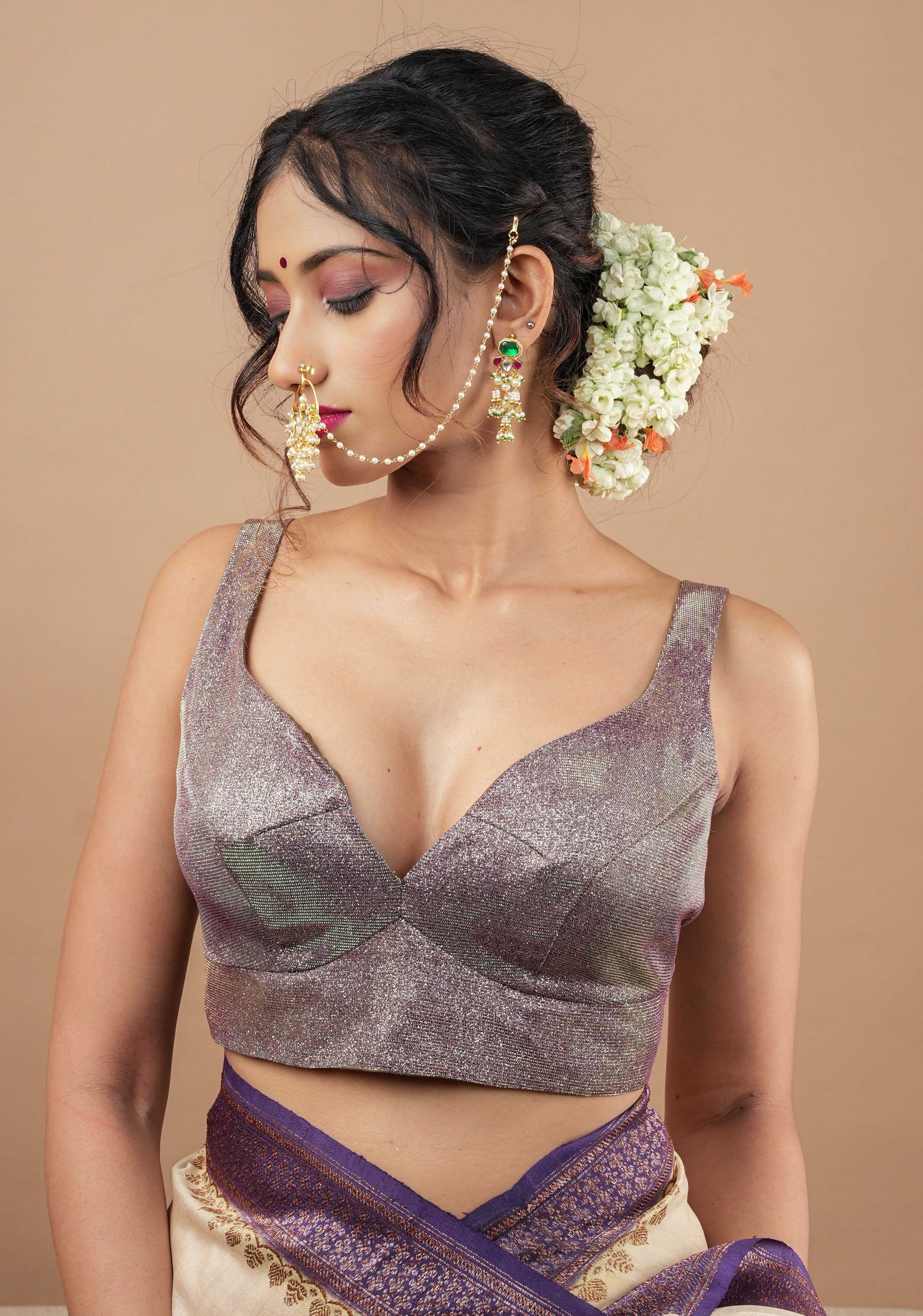 Amethyst Shimmer Deep Sweatheart neck sleeveless blouse, Made to Order | Shobitam
