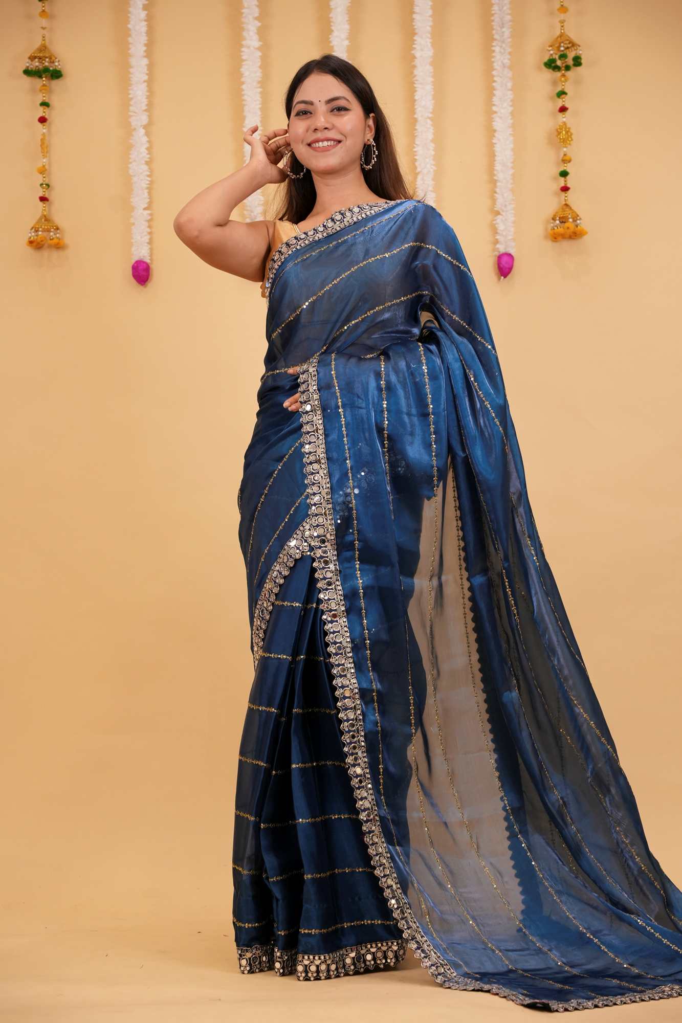 Ready to wear Soft Organza with Real Mirror Work Embroidery Border & Exquisite Blouse