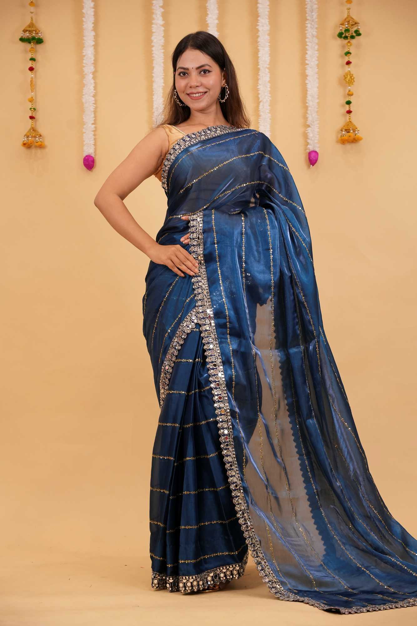 Ready to wear Soft Organza with Real Mirror Work Embroidery Border & Exquisite Blouse