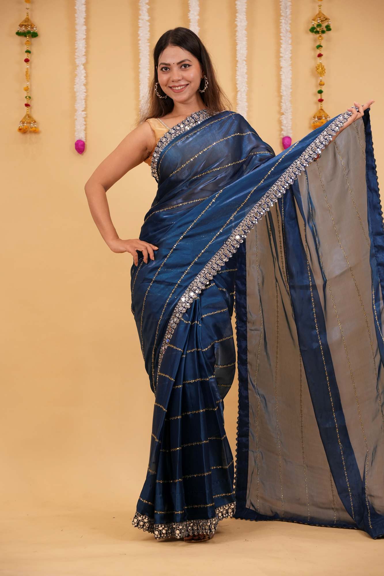 Ready to wear Soft Organza with Real Mirror Work Embroidery Border & Exquisite Blouse