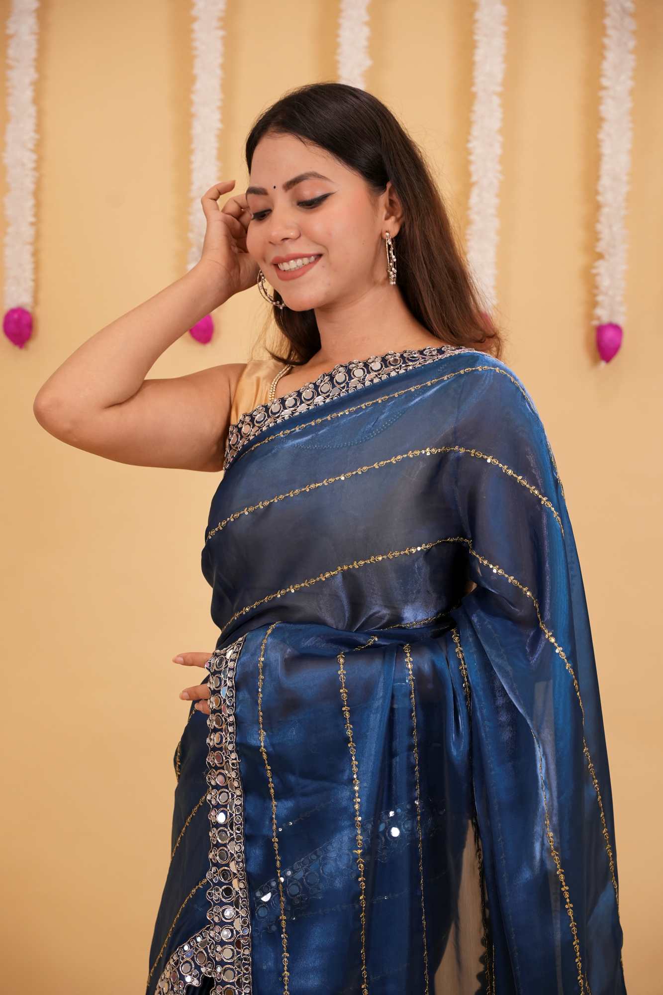 Ready to wear Soft Organza with Real Mirror Work Embroidery Border & Exquisite Blouse