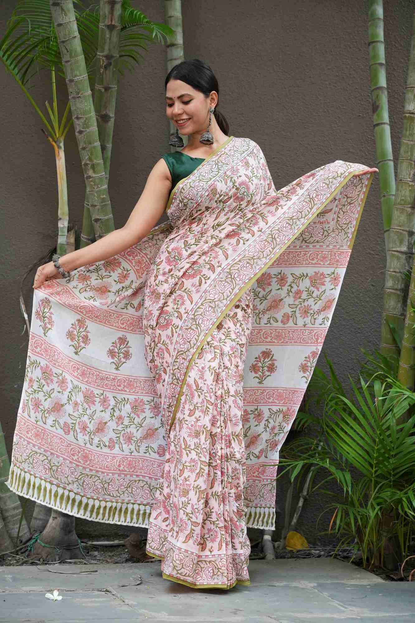 Sanganeri Block Printed Soft Mul Mul cotton pre pleated ready To Wear Saree