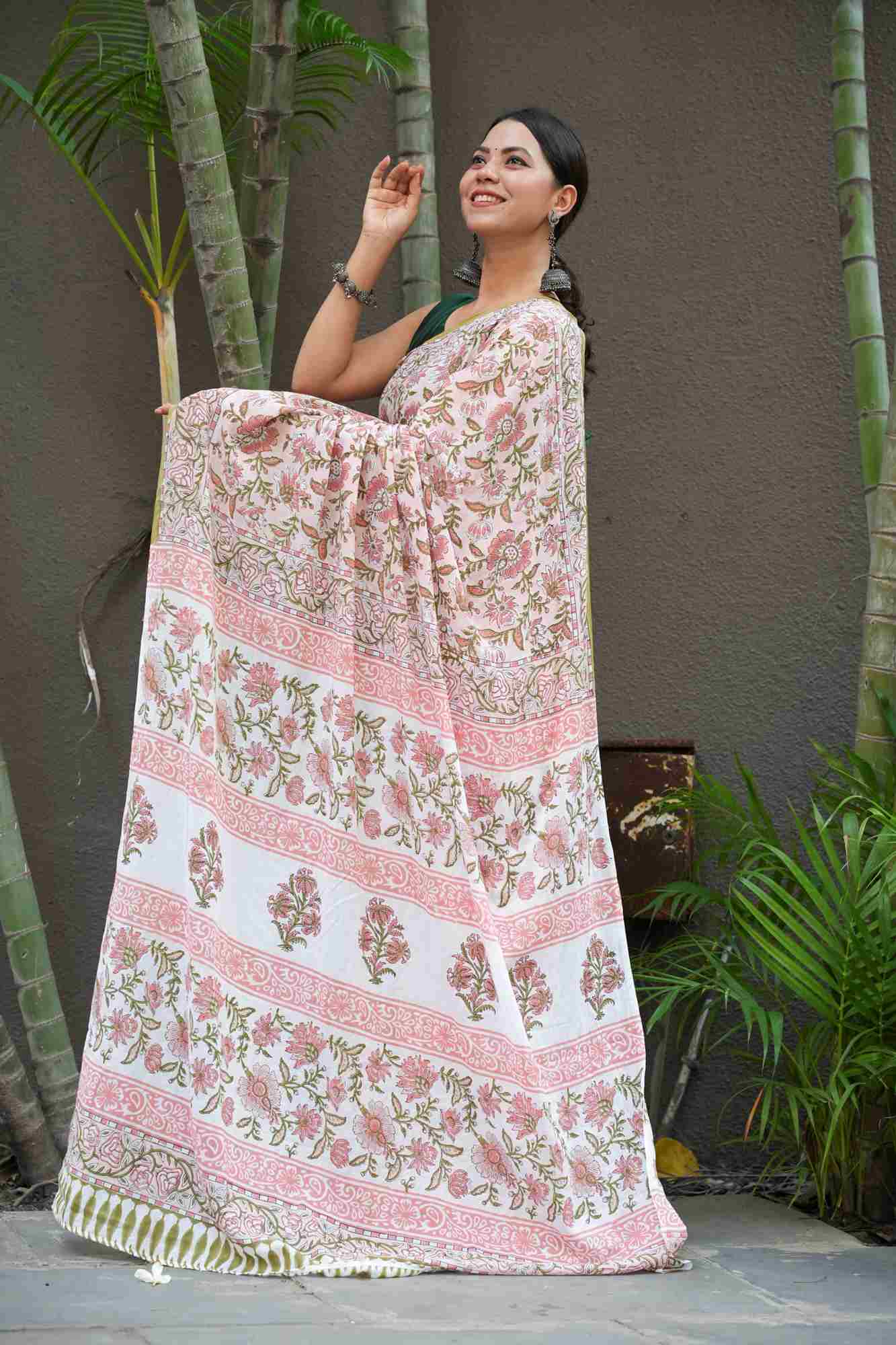 Sanganeri Block Printed Soft Mul Mul cotton pre pleated ready To Wear Saree