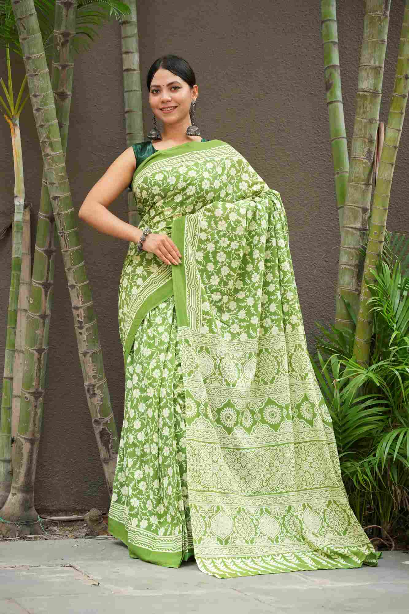 Green & white Hand Block printed Mulmul Cotton Ready To Wear saree