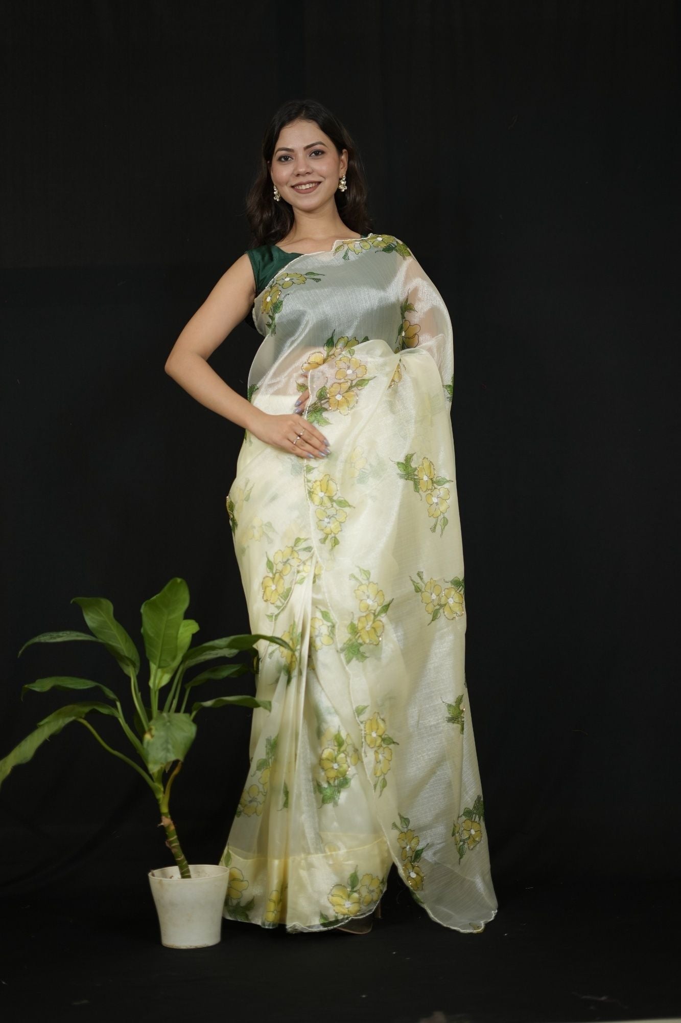 Organza White Floral Charm with Scalloped Border Ready To Wear Saree