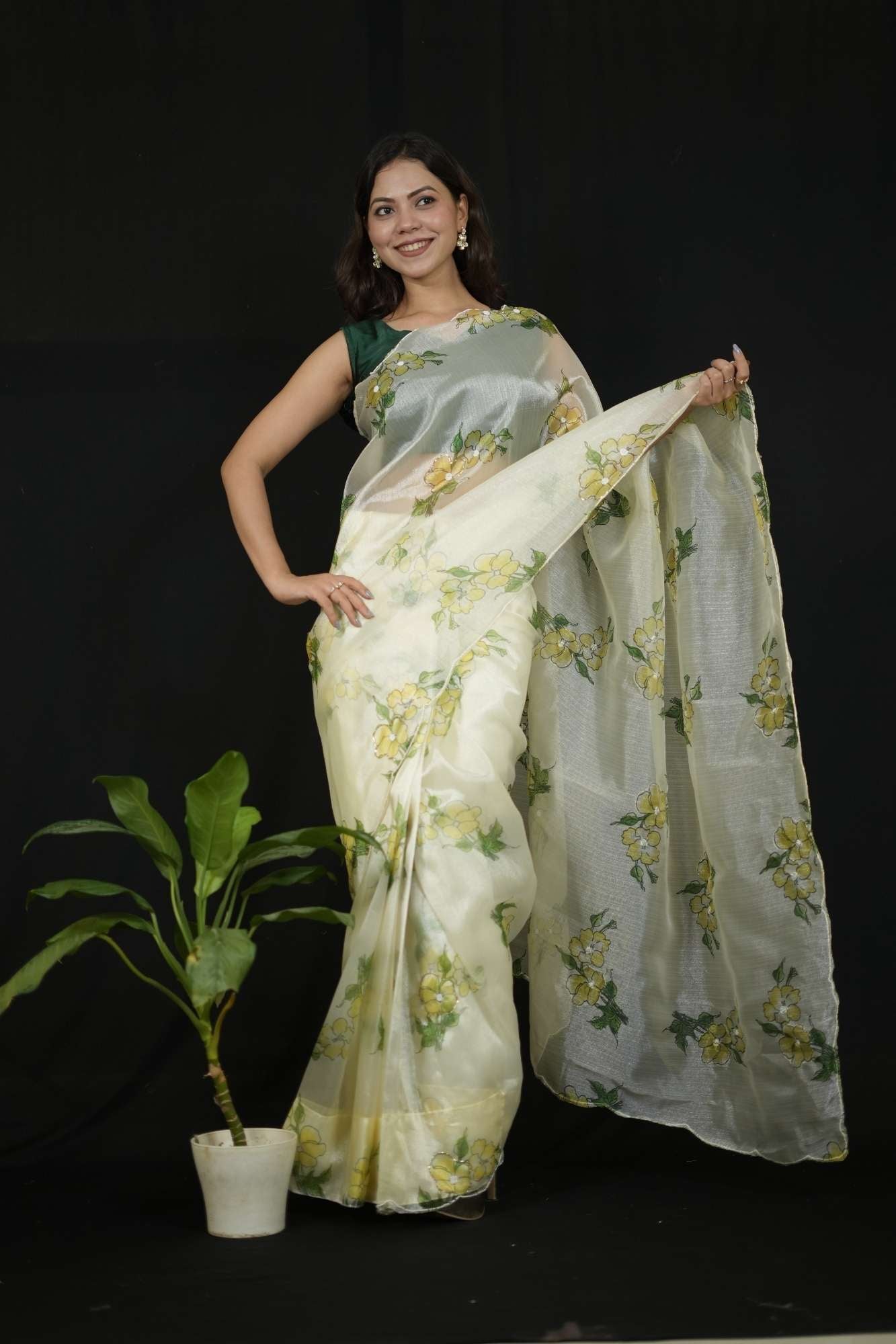 Organza White Floral Charm with Scalloped Border Ready To Wear Saree