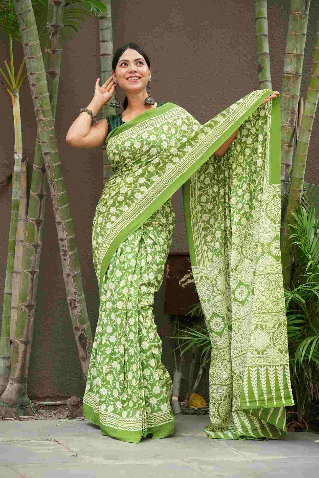 Green & white Hand Block printed Mulmul Cotton Ready To Wear saree