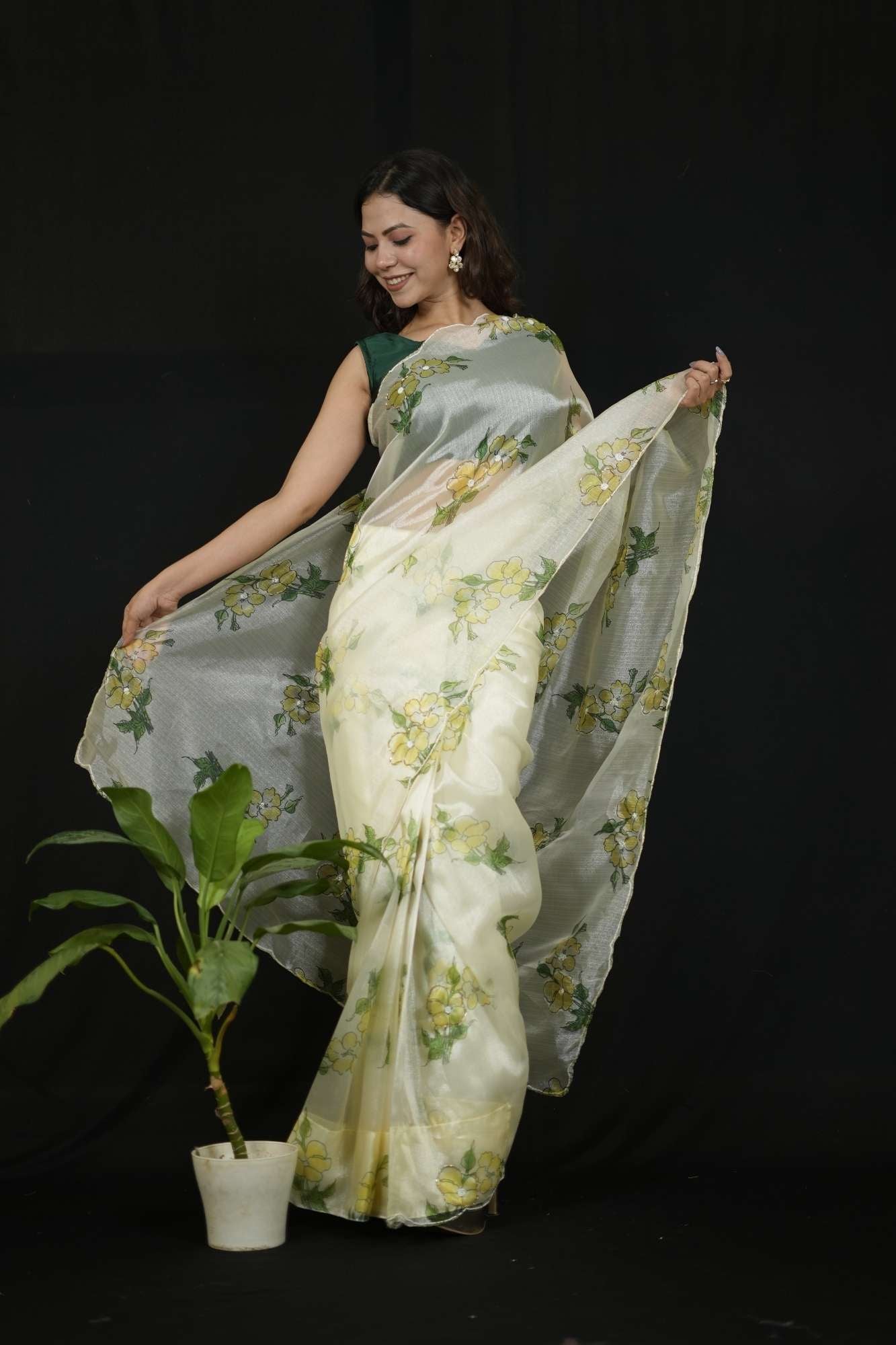 Organza White Floral Charm with Scalloped Border Ready To Wear Saree