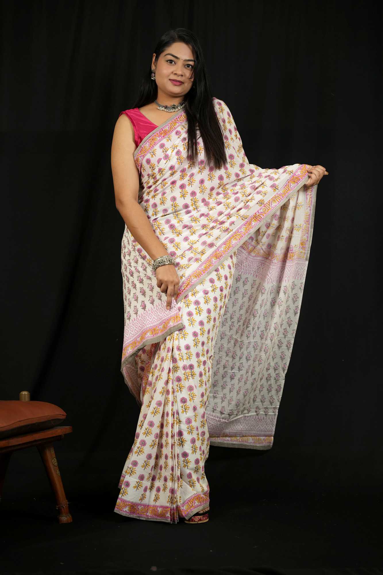 Royal baby pink delicate jaipuri sanganeri mulmul ready made saree