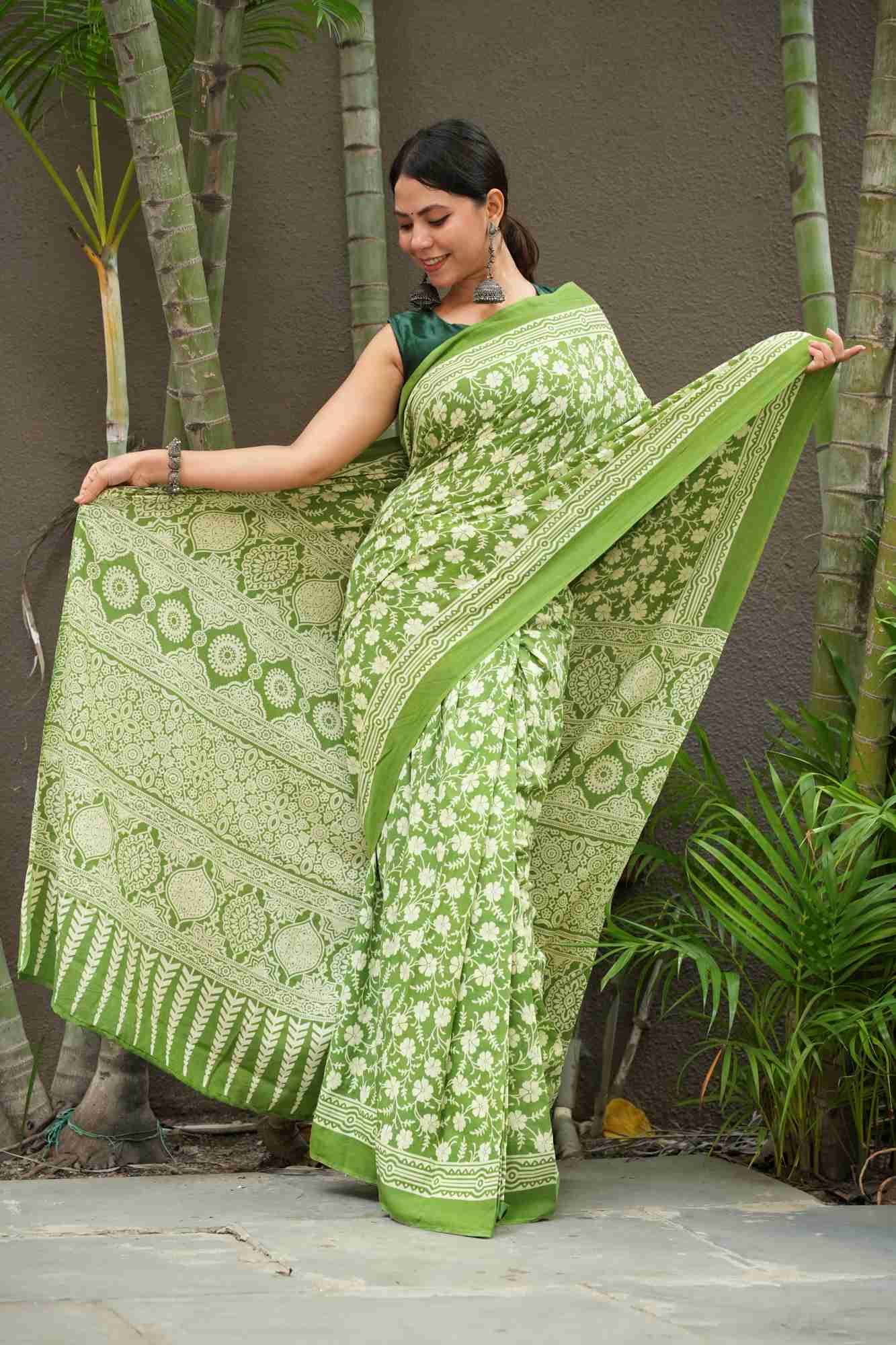 Green & white Hand Block printed Mulmul Cotton Ready To Wear saree