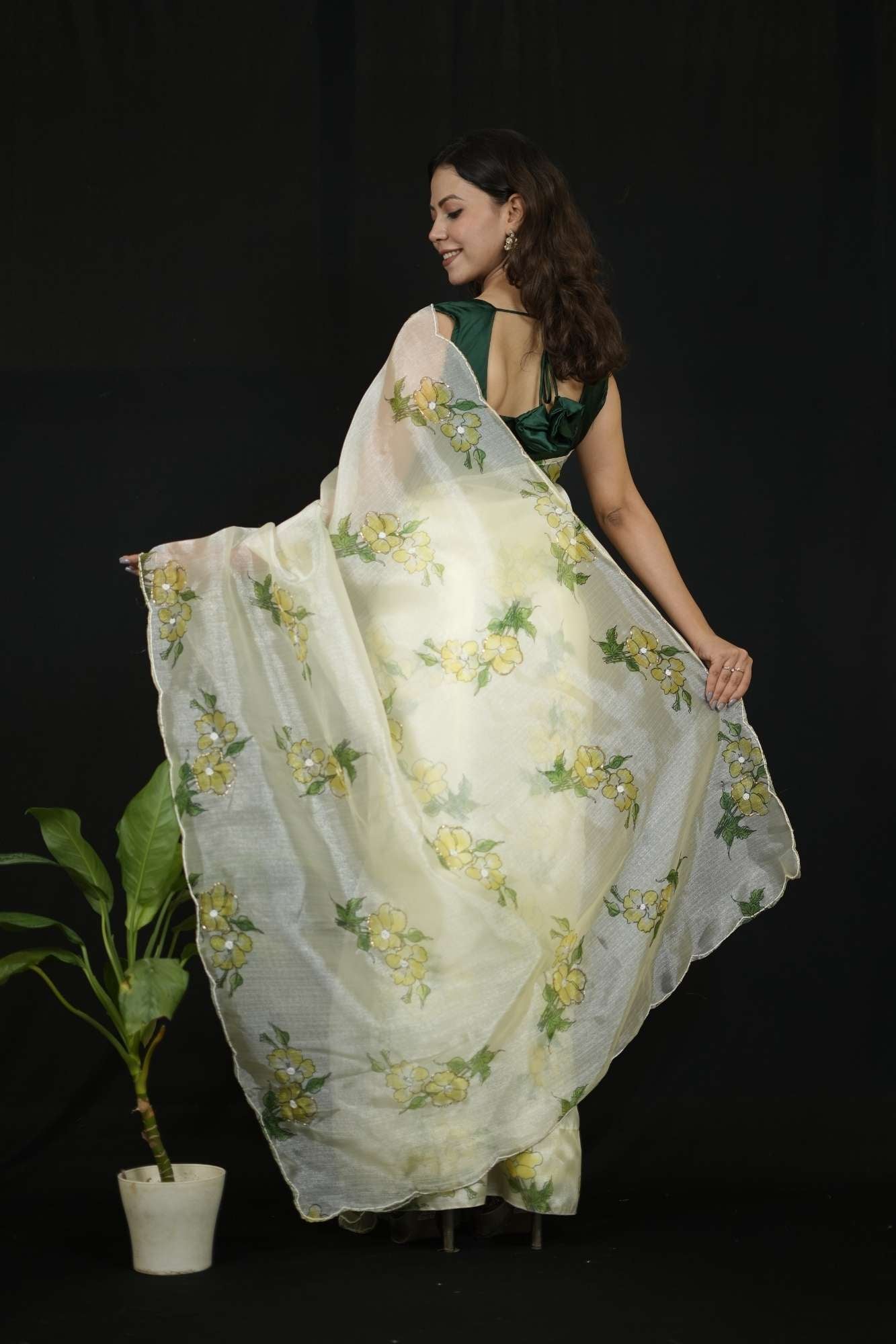 Organza White Floral Charm with Scalloped Border Ready To Wear Saree