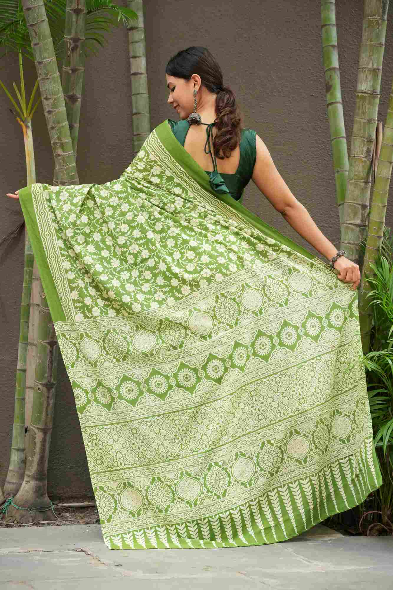 Green & white Hand Block printed Mulmul Cotton Ready To Wear saree