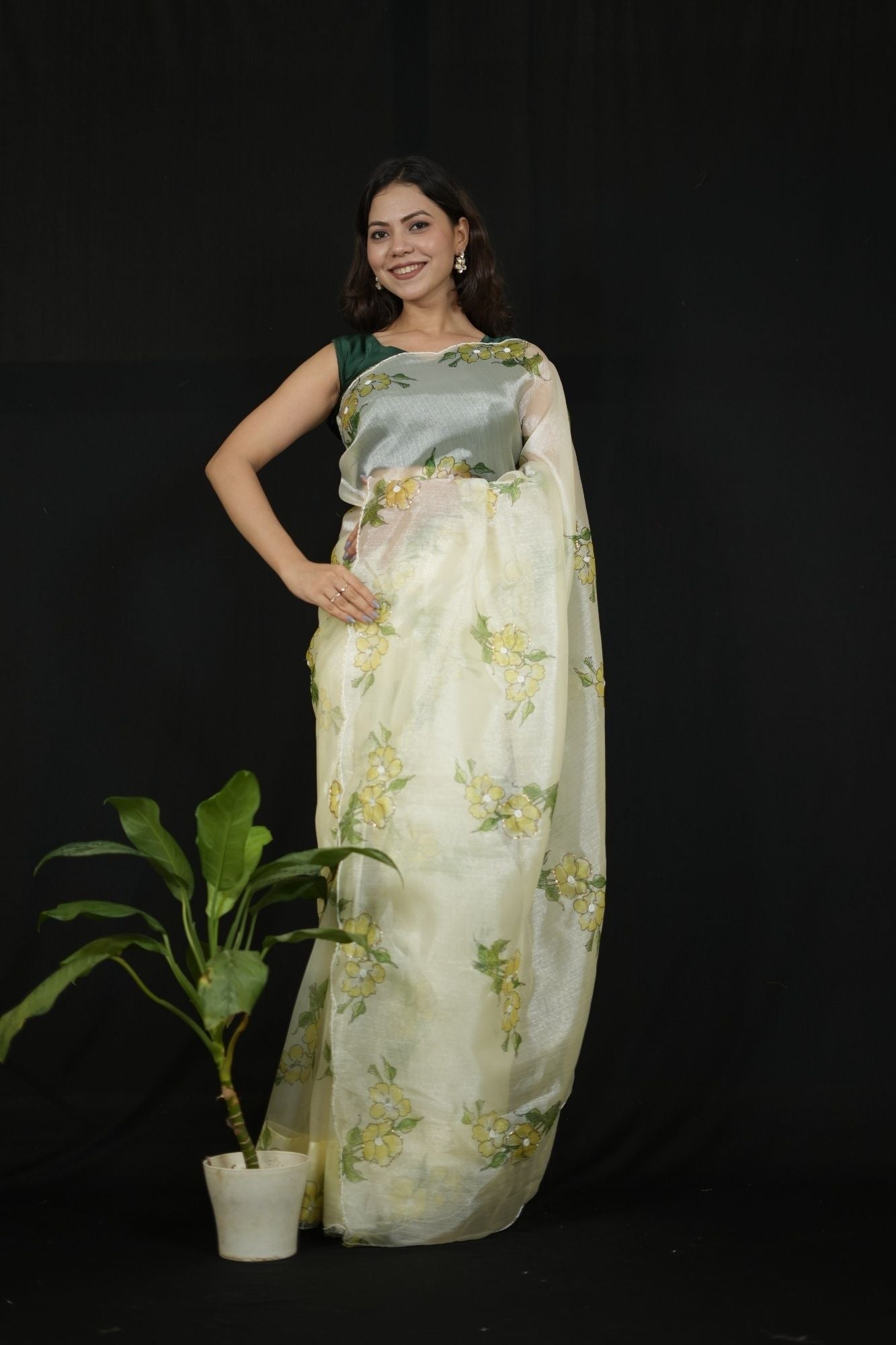 Organza White Floral Charm with Scalloped Border Ready To Wear Saree