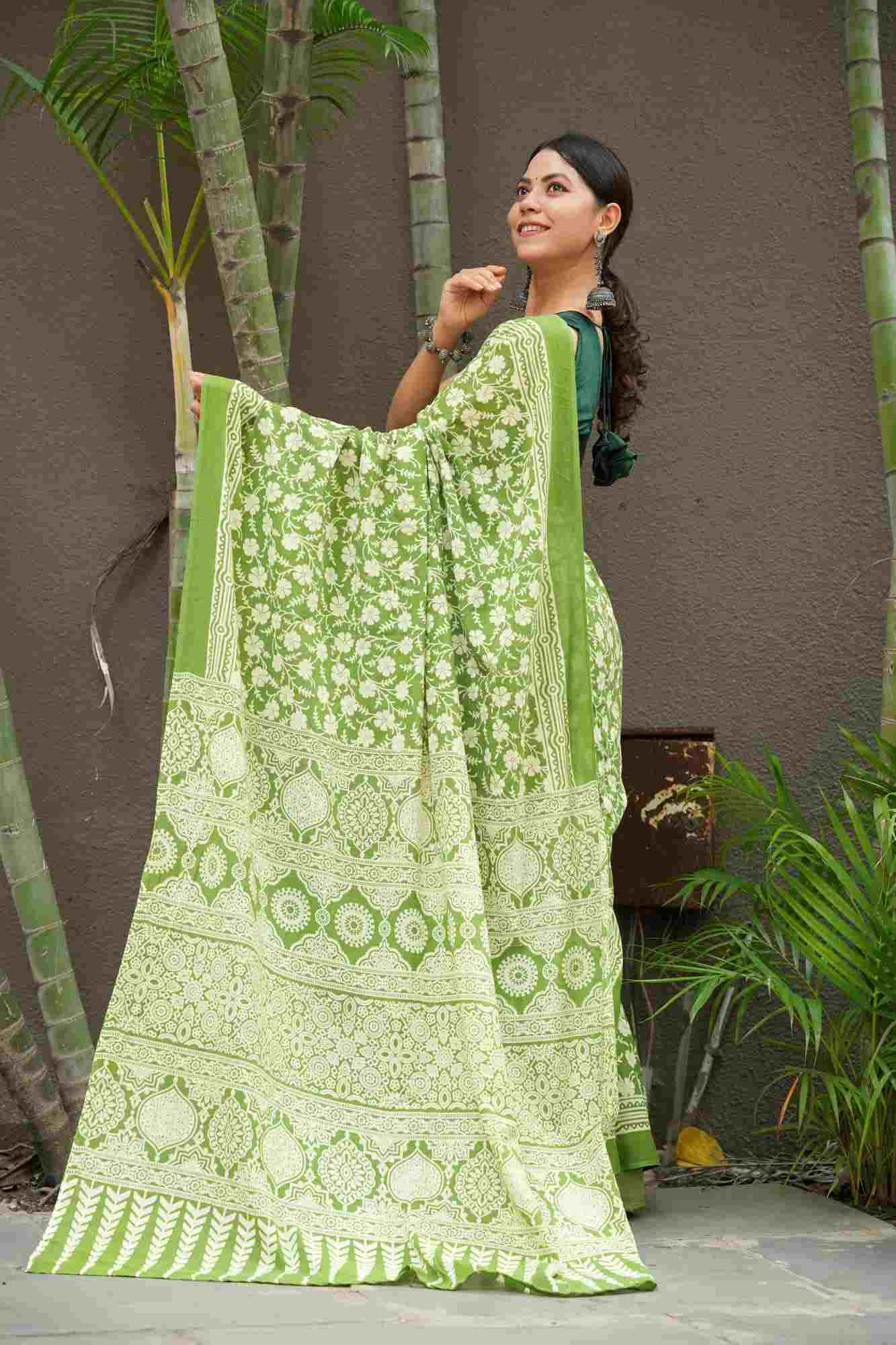 Green & white Hand Block printed Mulmul Cotton Ready To Wear saree