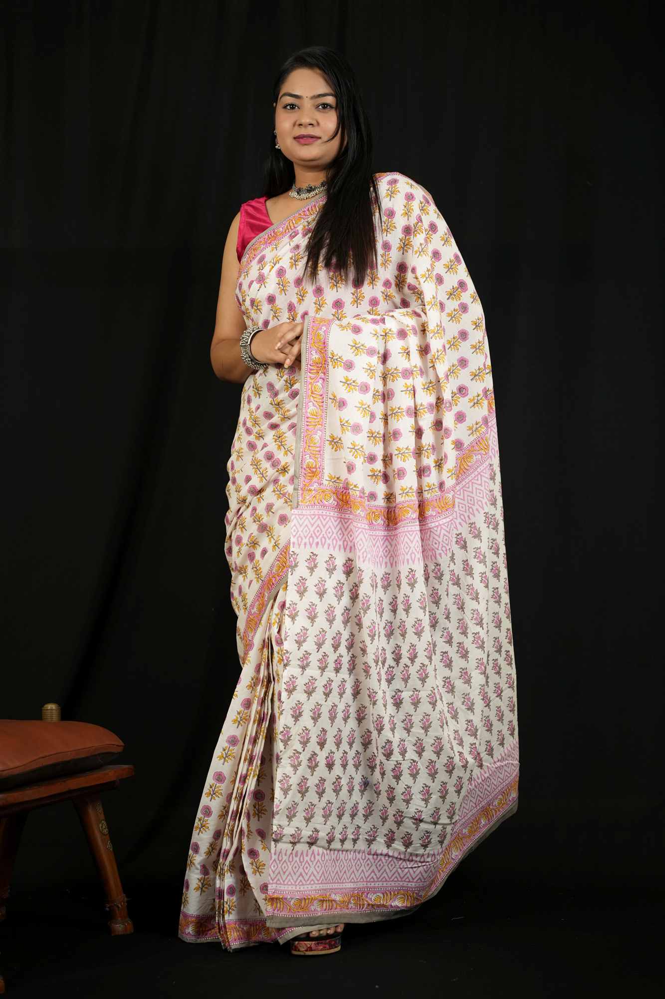 Royal baby pink delicate jaipuri sanganeri mulmul ready made saree