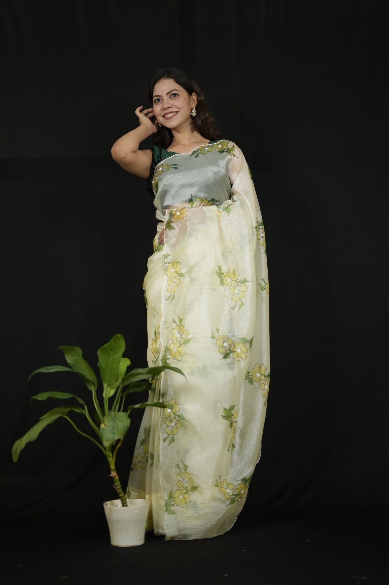 Organza White Floral Charm with Scalloped Border Ready To Wear Saree