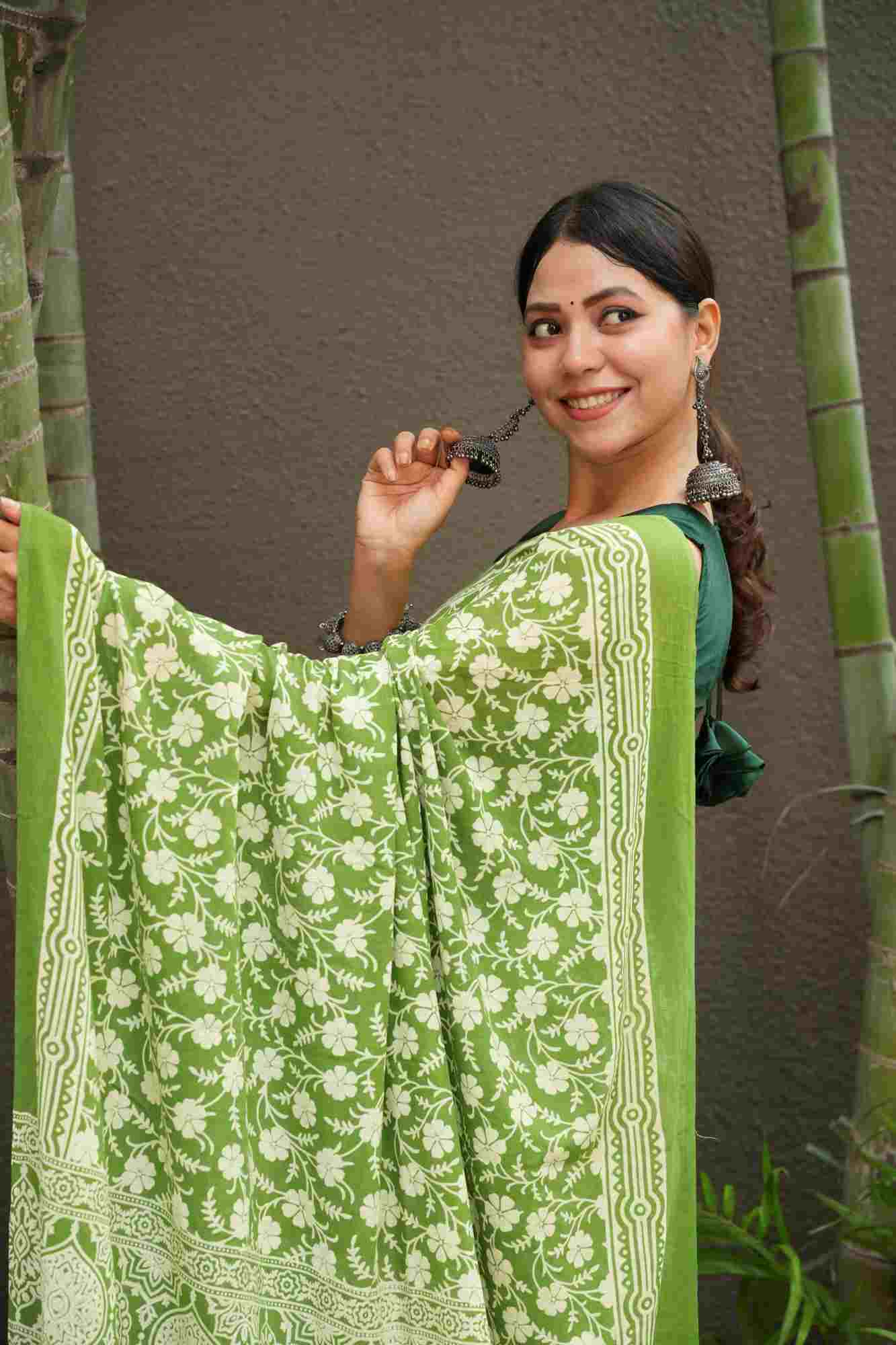 Green & white Hand Block printed Mulmul Cotton Ready To Wear saree