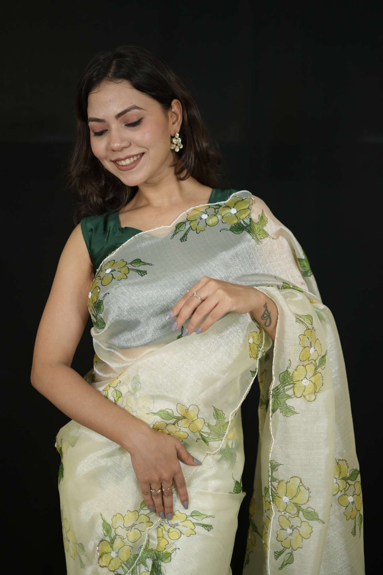 Organza White Floral Charm with Scalloped Border Ready To Wear Saree