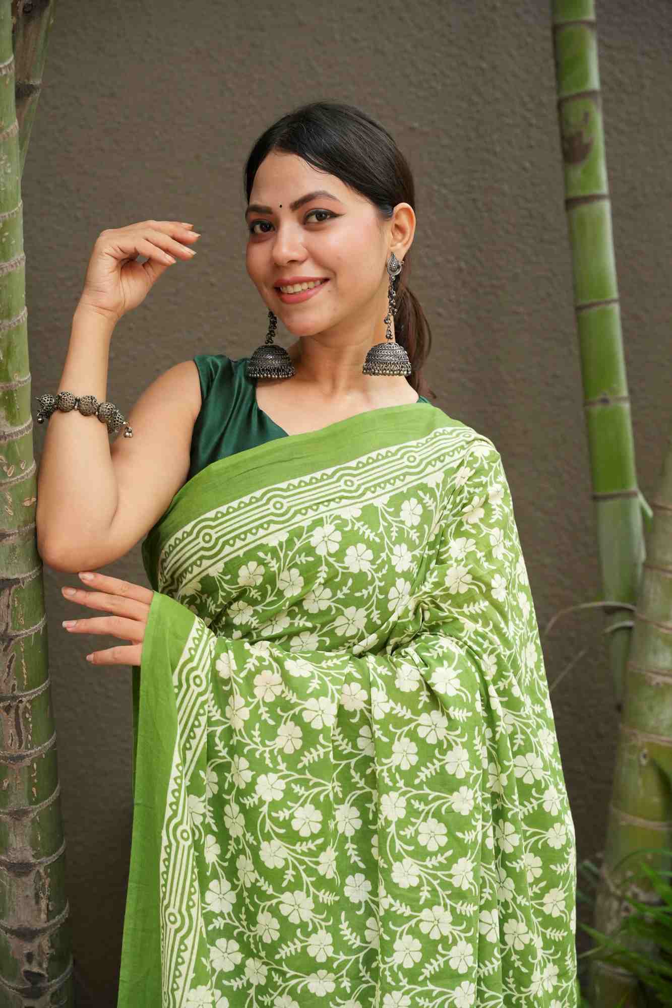 Green & white Hand Block printed Mulmul Cotton Ready To Wear saree